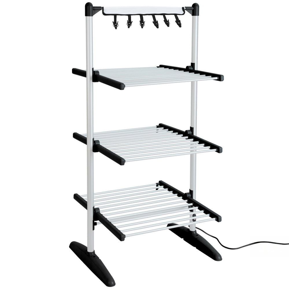 Zoomgoods CA30 BK Electric Clothes Airer drying rack featuring a silver aluminum frame, foldable drying shelves, and a top hanging rail with clips for smaller items.