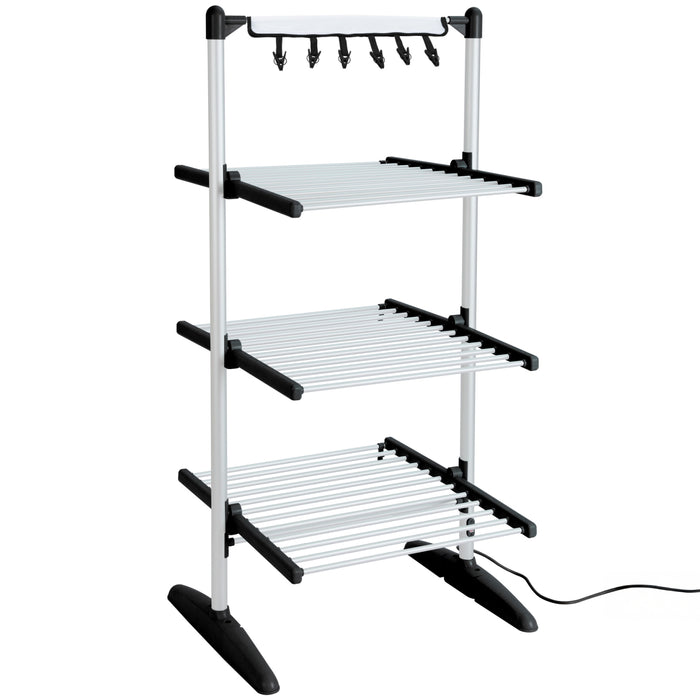 Zoomgoods CA30 BK Electric Clothes Airer drying rack featuring a silver aluminum frame, foldable drying shelves, and a top hanging rail with clips for smaller items.
