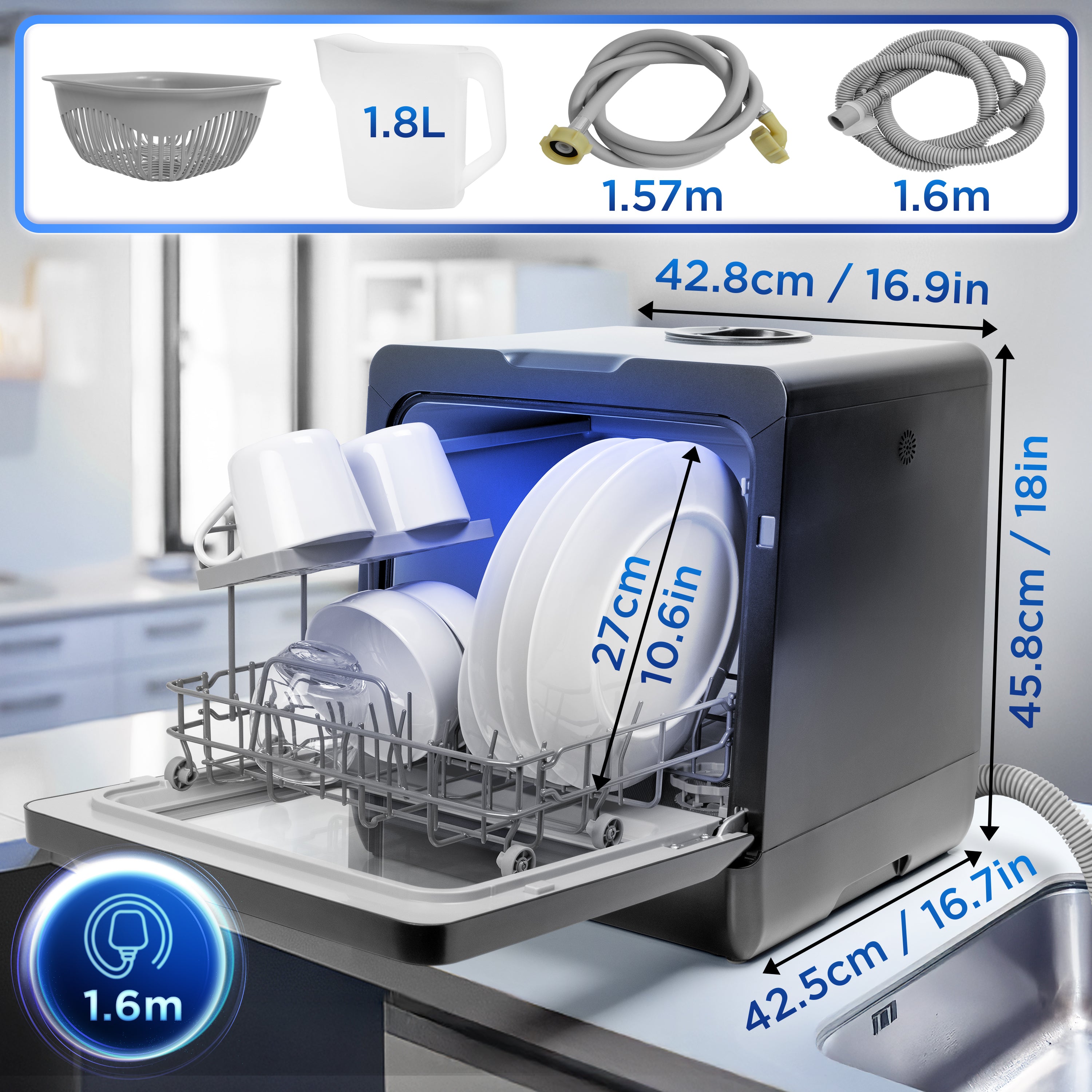 Zoomgoods DW5 BK table top dishwasher dimensions and attachments 1.8L measuring jug cables UK plug