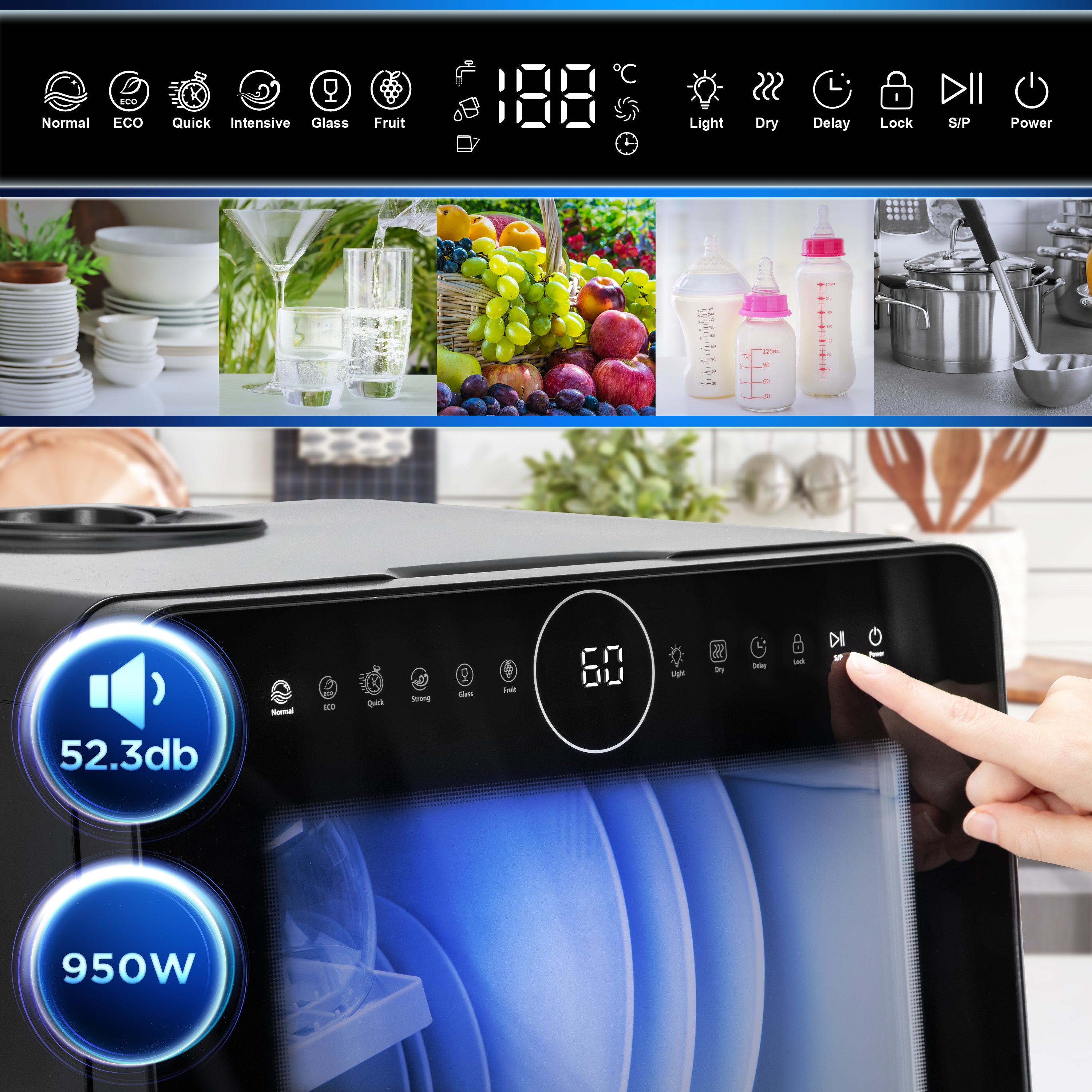 Zoomgoods DW5 BK tabletop dishwasher 10 presets 5 dishwashing settings for glasses cutlery plates fruit