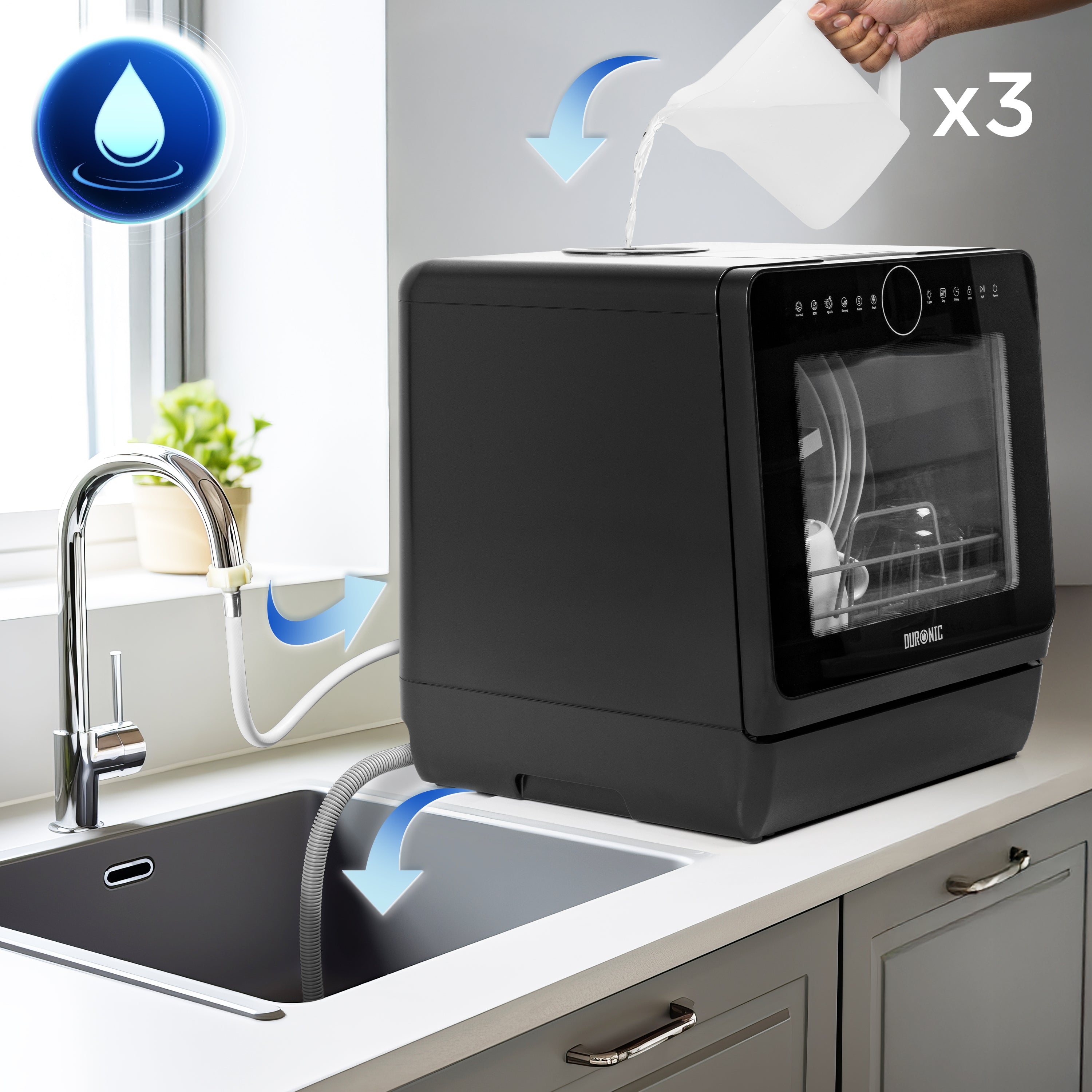 Zoomgoods DW5 BK tabletop dishwasher pouring 3x jugs of water to clean plates cutlery glasses fruit