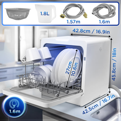 Zoomgoods DW5 WE table top dishwasher dimensions and attachments 1.8L measuring jug cables UK plug