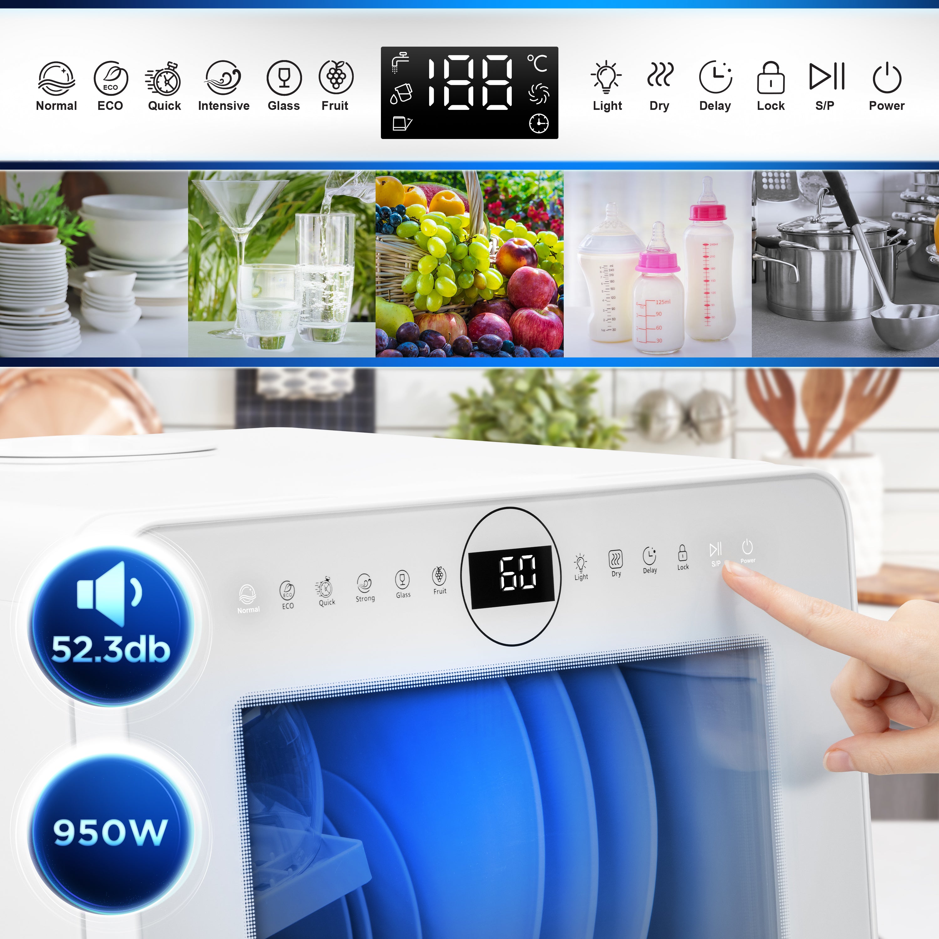 Zoomgoods DW5 WE tabletop dishwasher 10 presets 5 dishwashing settings for glasses cutlery plates fruit