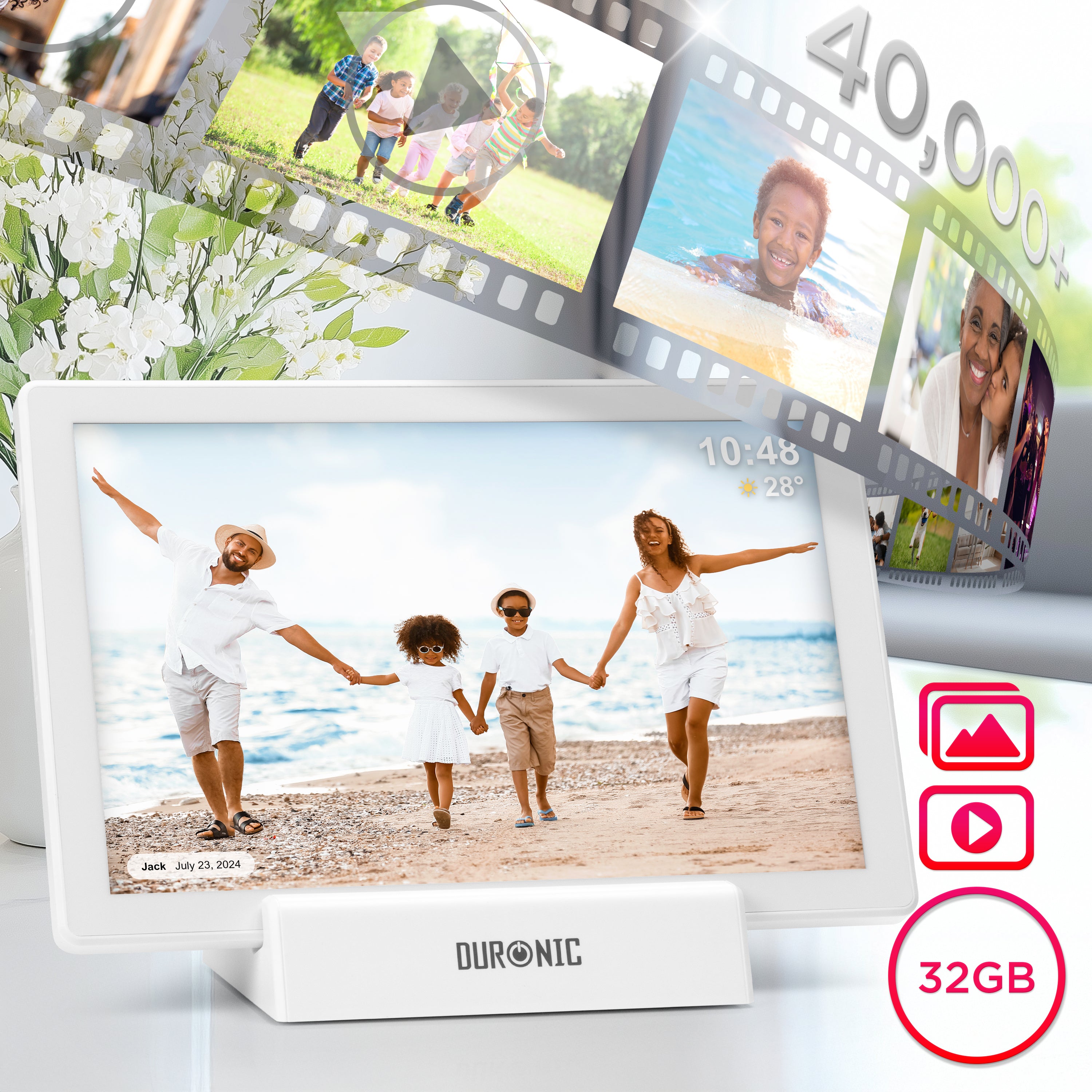 Zoomgoods Digital Photo Frame highlighting its 40,000+ image capacity and video playback features.