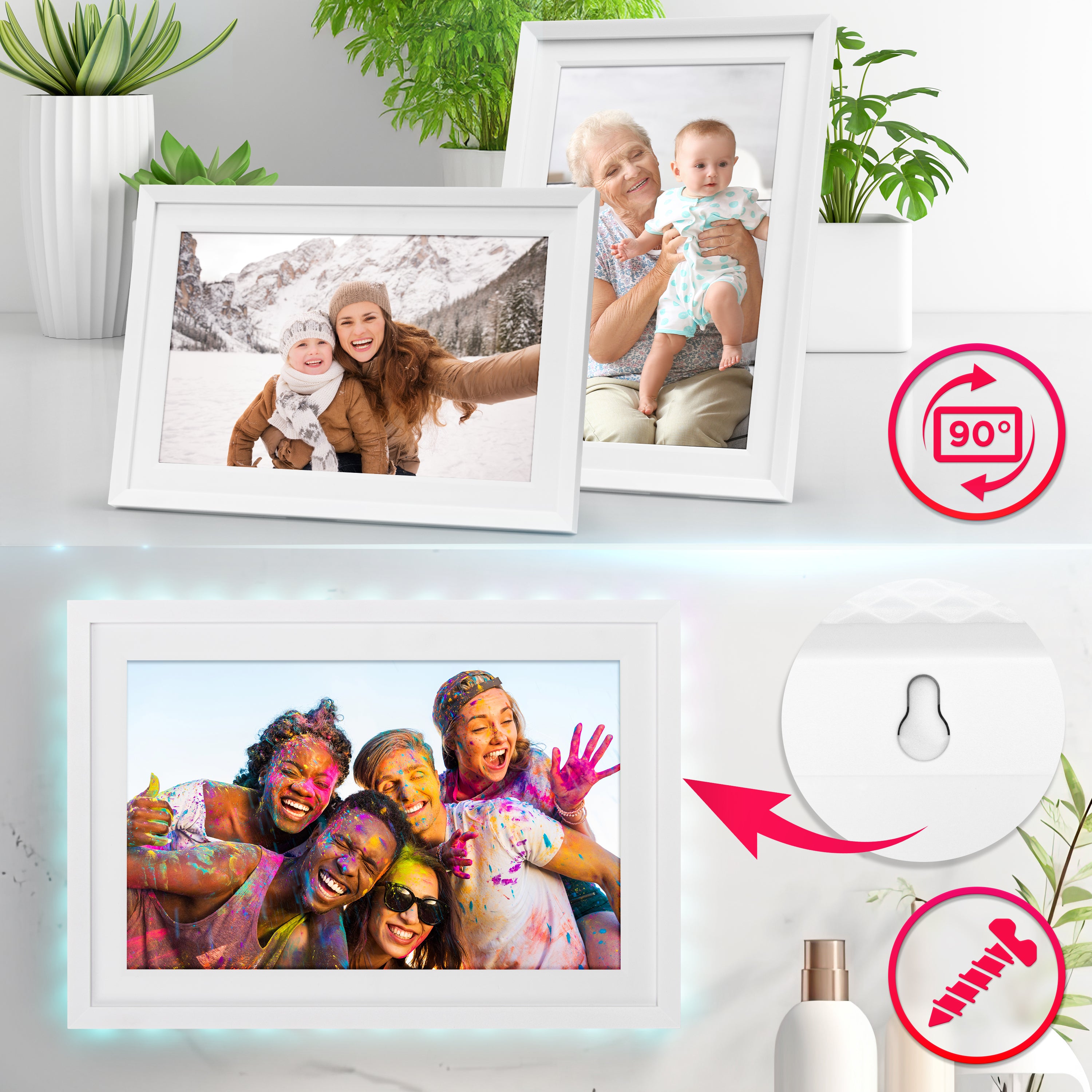 Zoomgoods Digital Photo Frame displayed in portrait or landscape orientation on a tabletop or mounted to a wallport, 128GB Micro SD slot