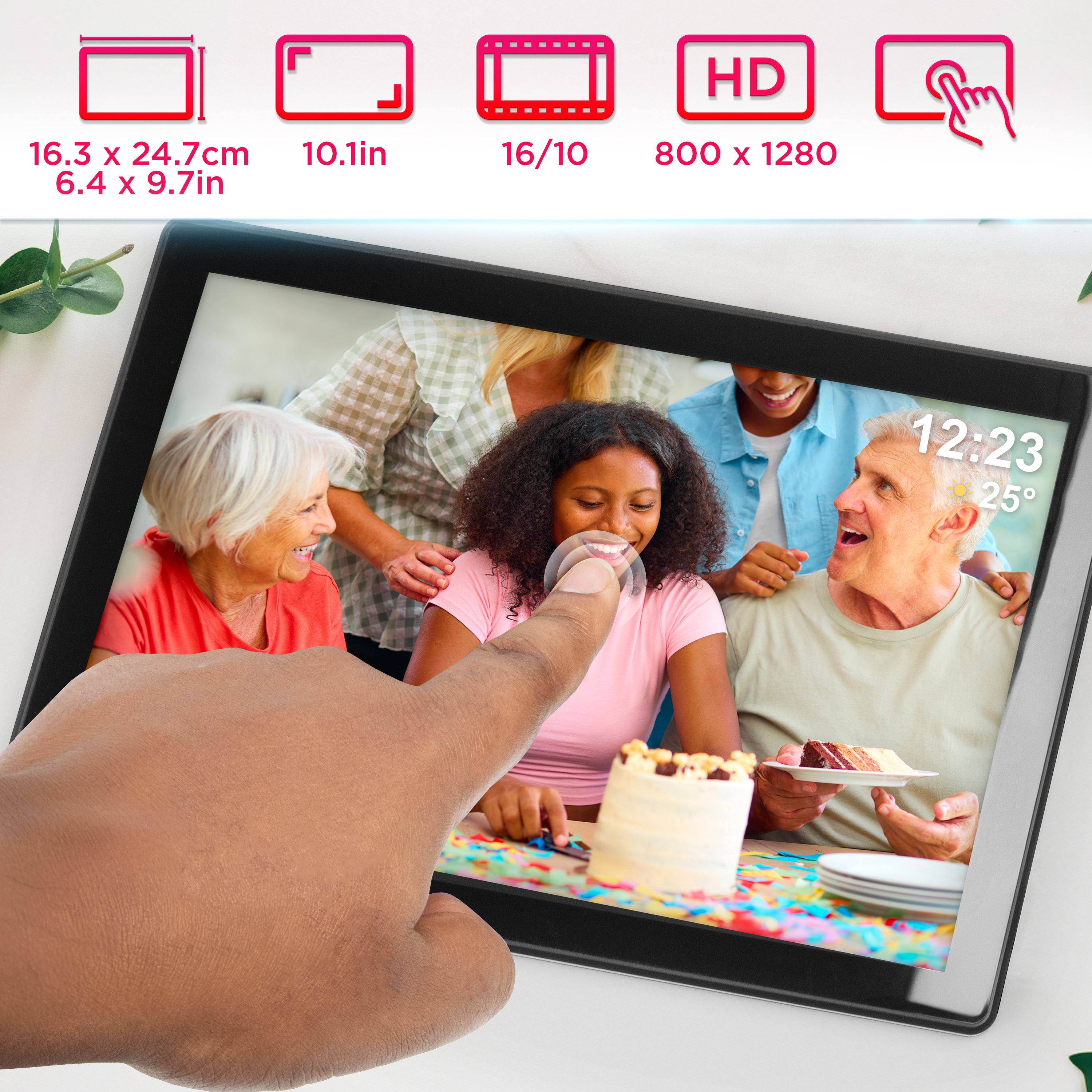 Zoomgoods Digital Photo Frame displaying a family birthday celebration, highlighting its 16:10 aspect ratio and 800 x 1280 resolution.