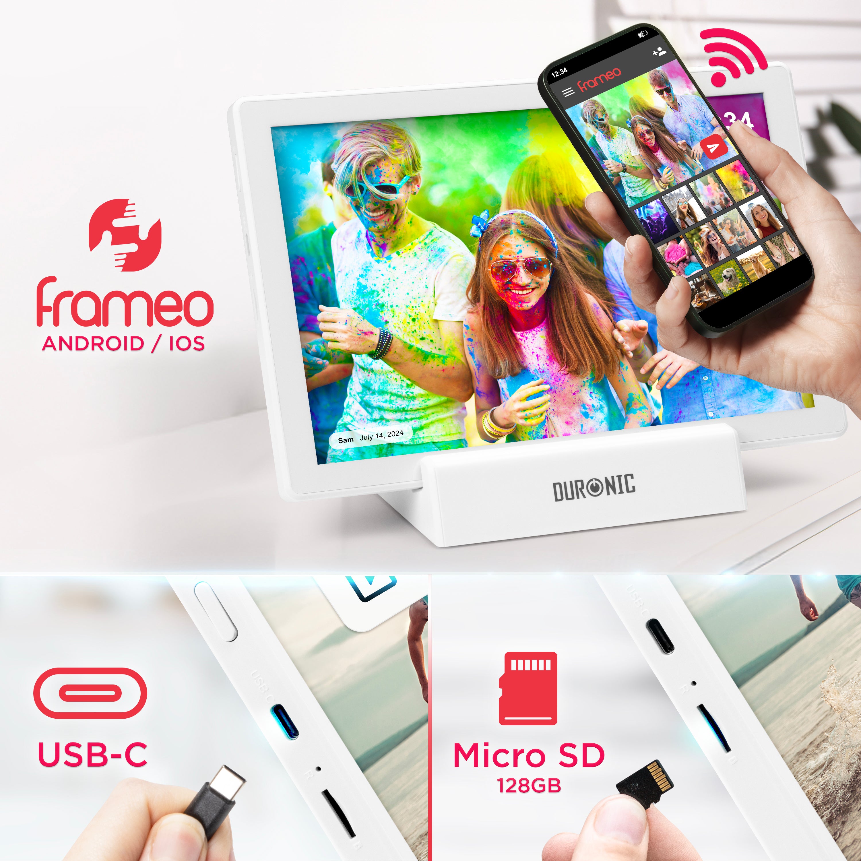 Zoomgoods Digital Photo Frame featuring Frameo app compatibility for Android and iOS, a USB-C port, and a Micro SD slot supporting up to 128GB.