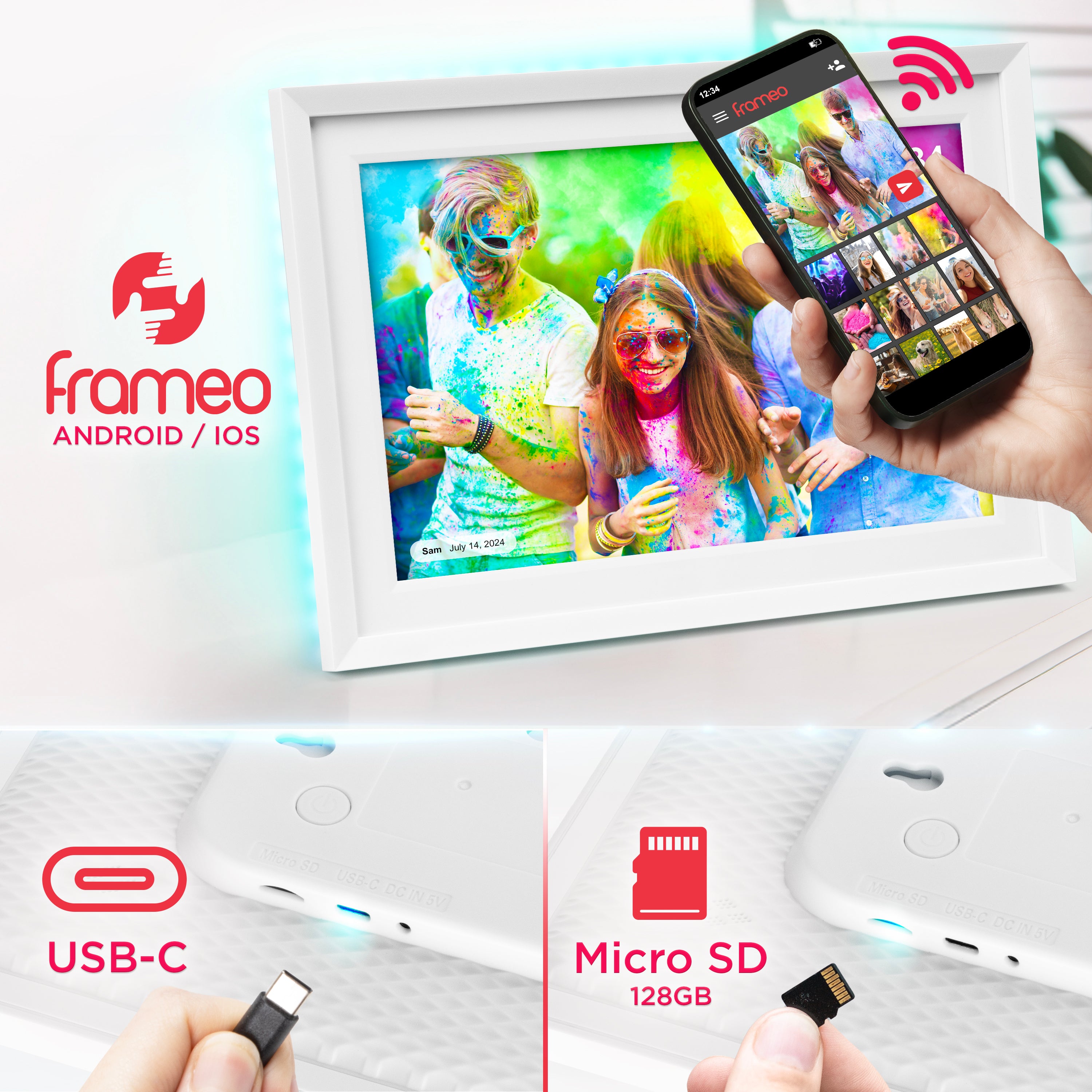 Zoomgoods Digital Photo Frame featuring a color-powder festival image, highlighting its USB-C charging port, 128GB Micro SD slot