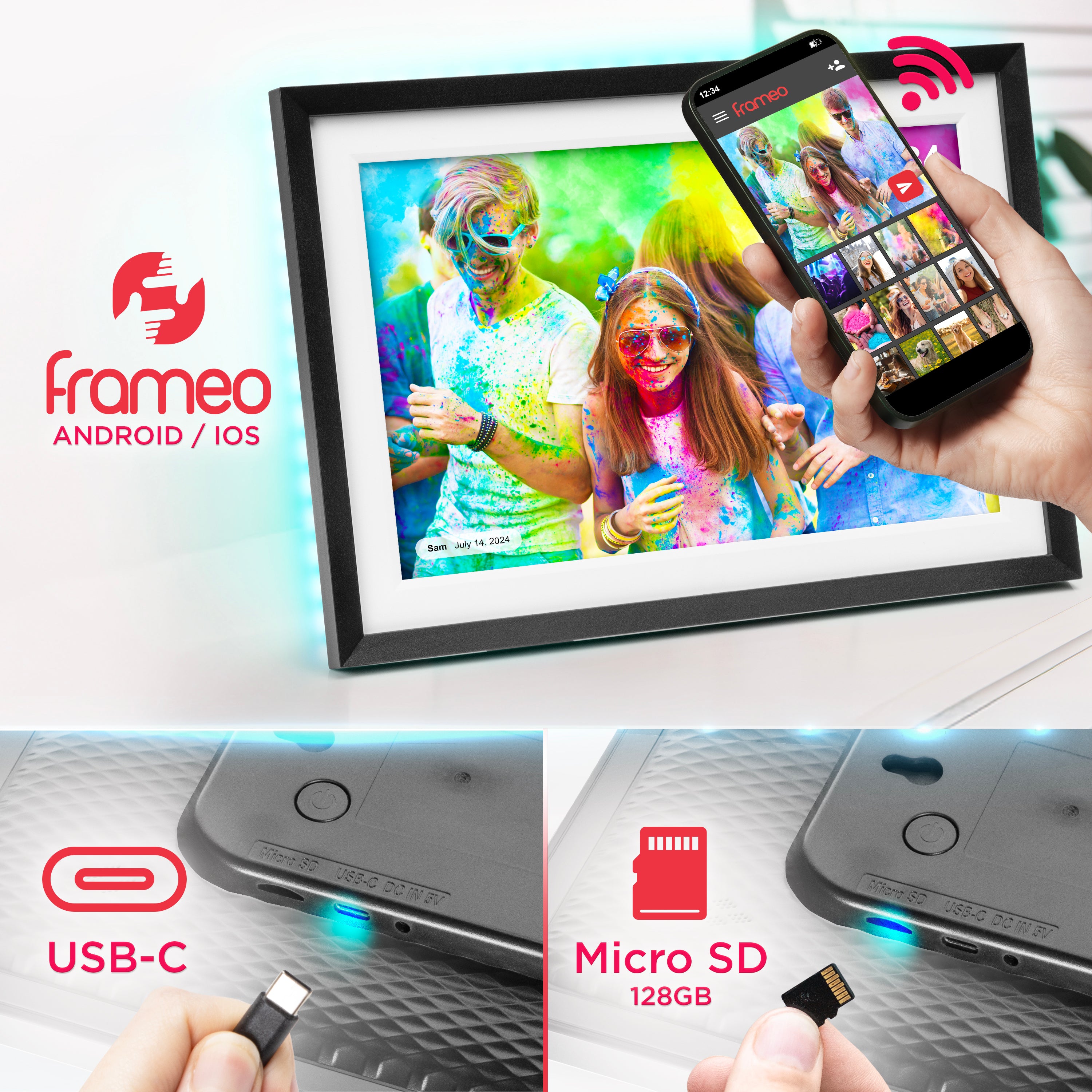 Zoomgoods Digital Photo Frame featuring a color-powder festival image, highlighting its USB-C charging port, 128GB Micro SD slot, and wireless photo sharing via a smartphone app.