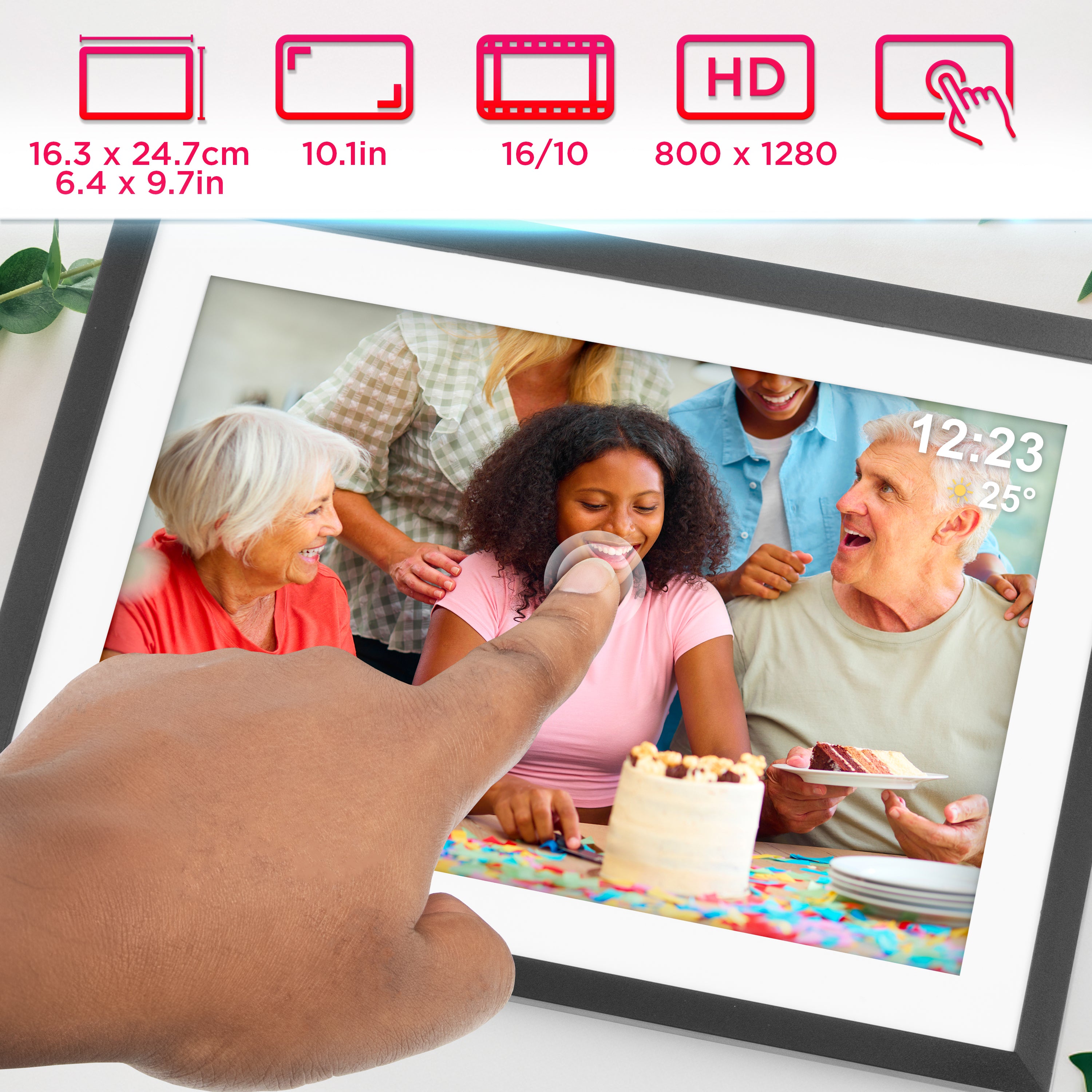 Zoomgoods Digital Photo Frame featuring a touchscreen display, 800 x 1280 HD resolution, and a 16:10 aspect ratio for viewing family photos.