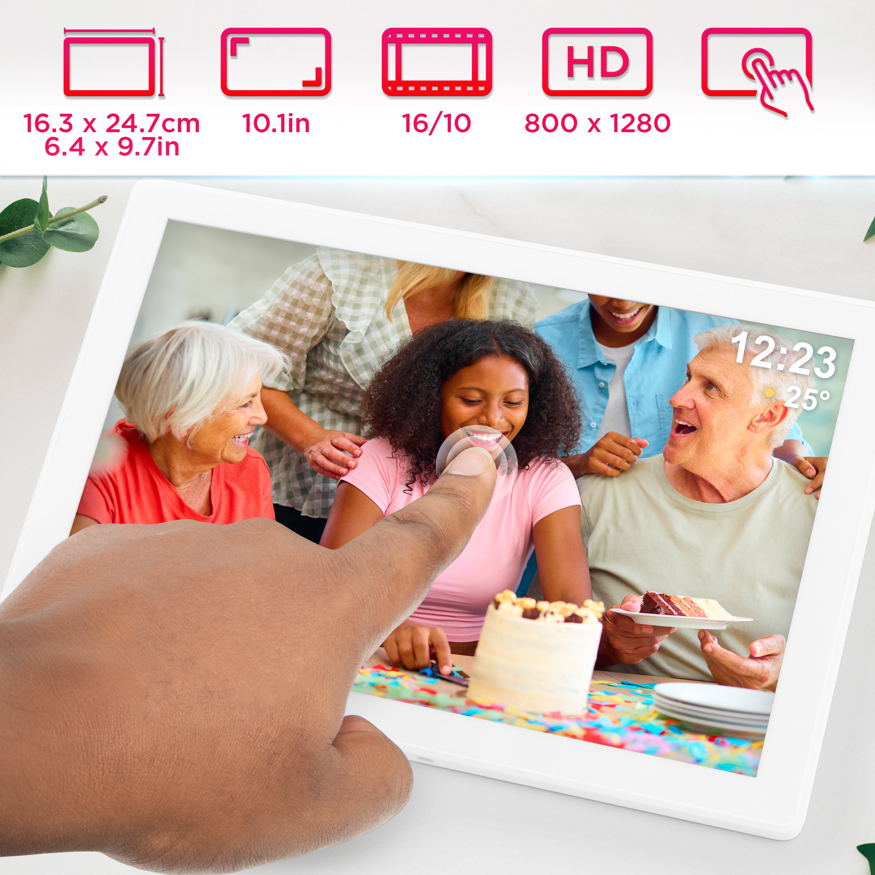 Zoomgoods Digital Photo Frame highlighting its 16:10 aspect ratio and 800 x 1280 resolution.
