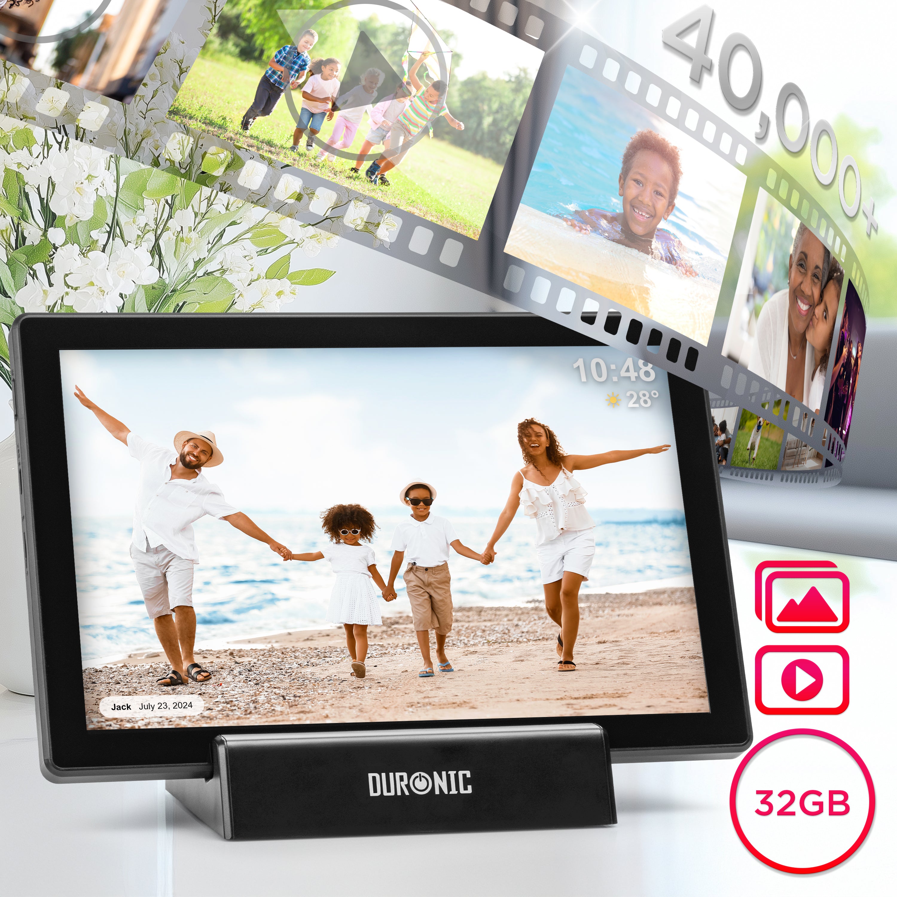 Zoomgoods Digital Photo Frame highlighting its 40,000+ image capacity and video playback features.