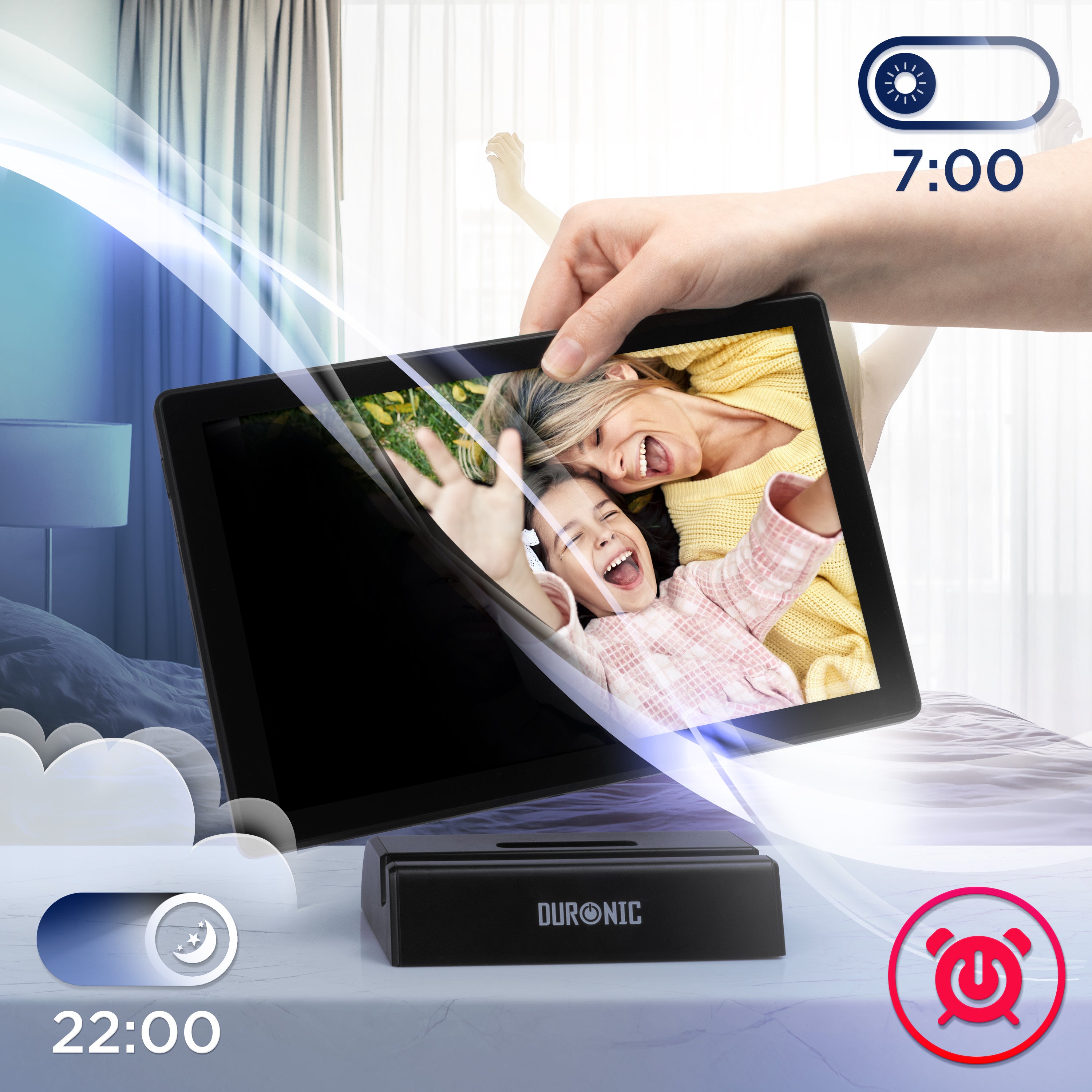 Zoomgoods Digital Photo Frame highlighting the device's auto-dimming sleep timer and wake-up alarm functions for a bedside table.