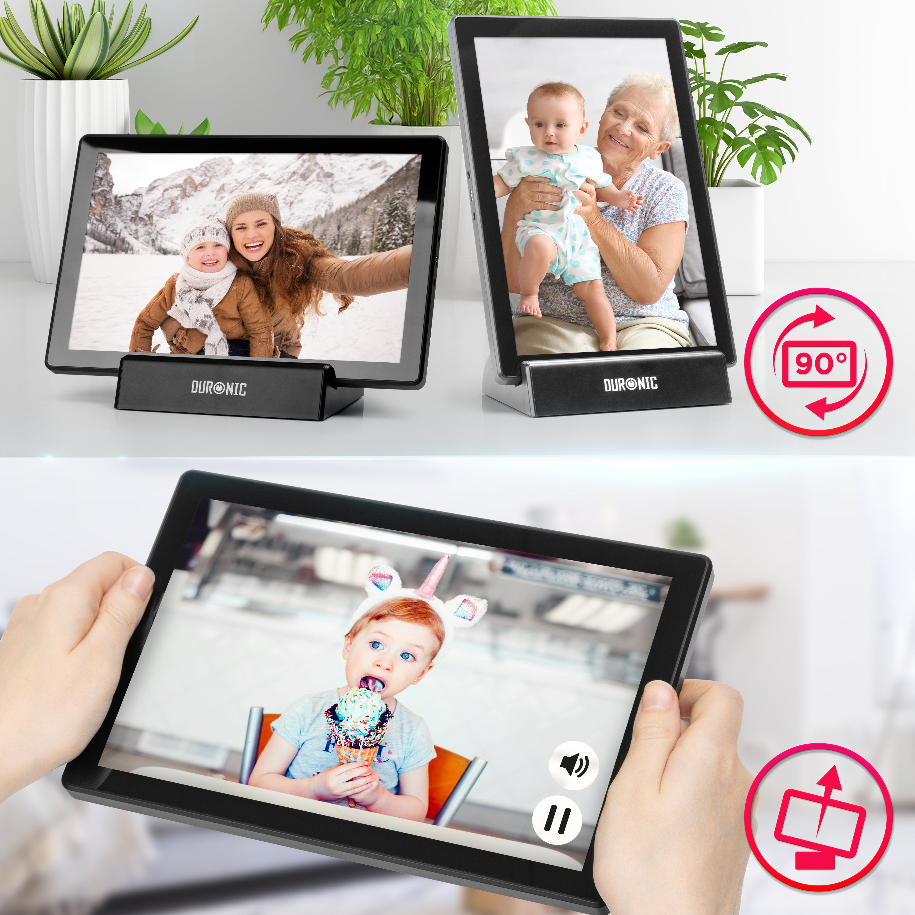 Zoomgoods Digital Photo Frame shown in both landscape and portrait orientations