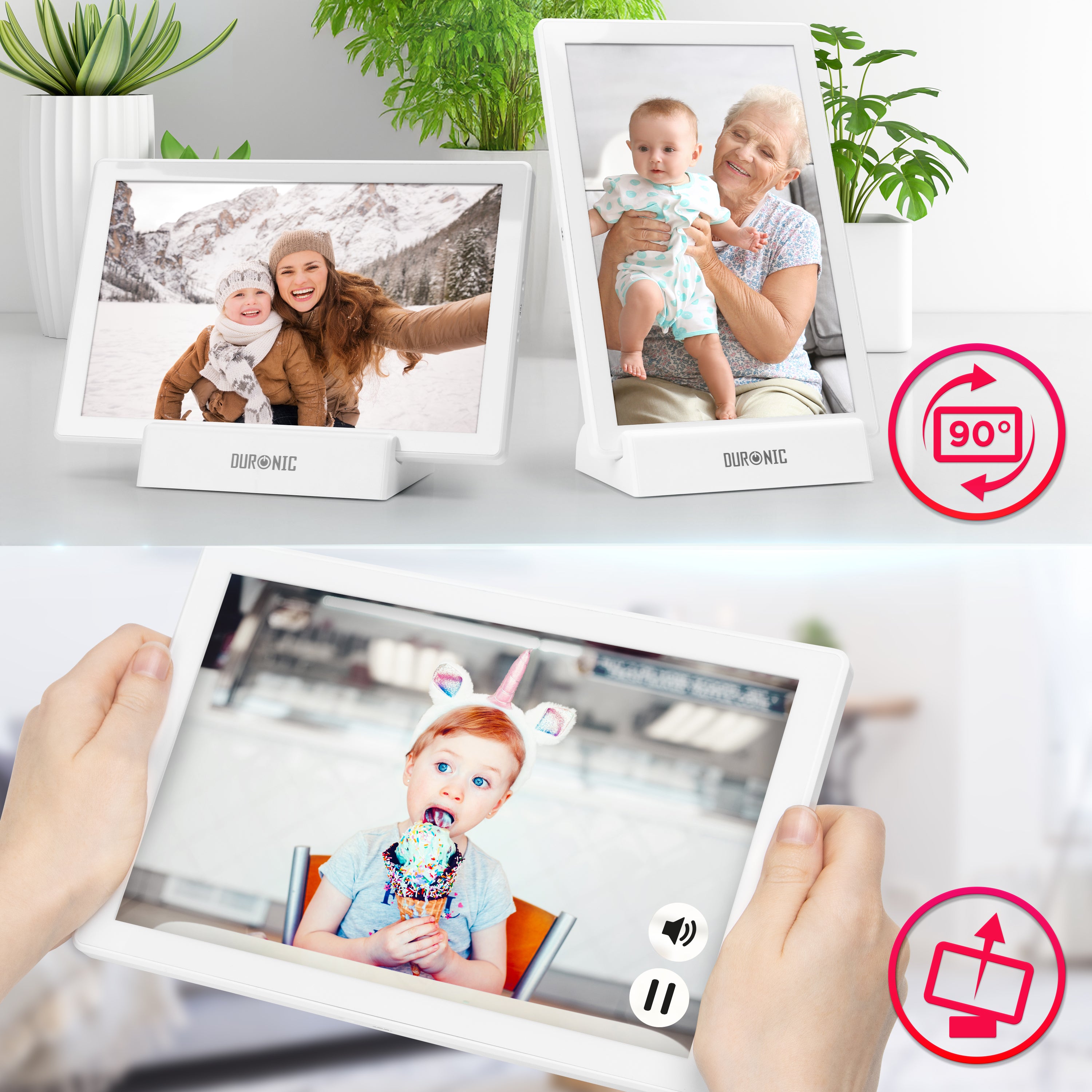 Zoomgoods Digital Photo Frame shown in both landscape and portrait orientations on a desk