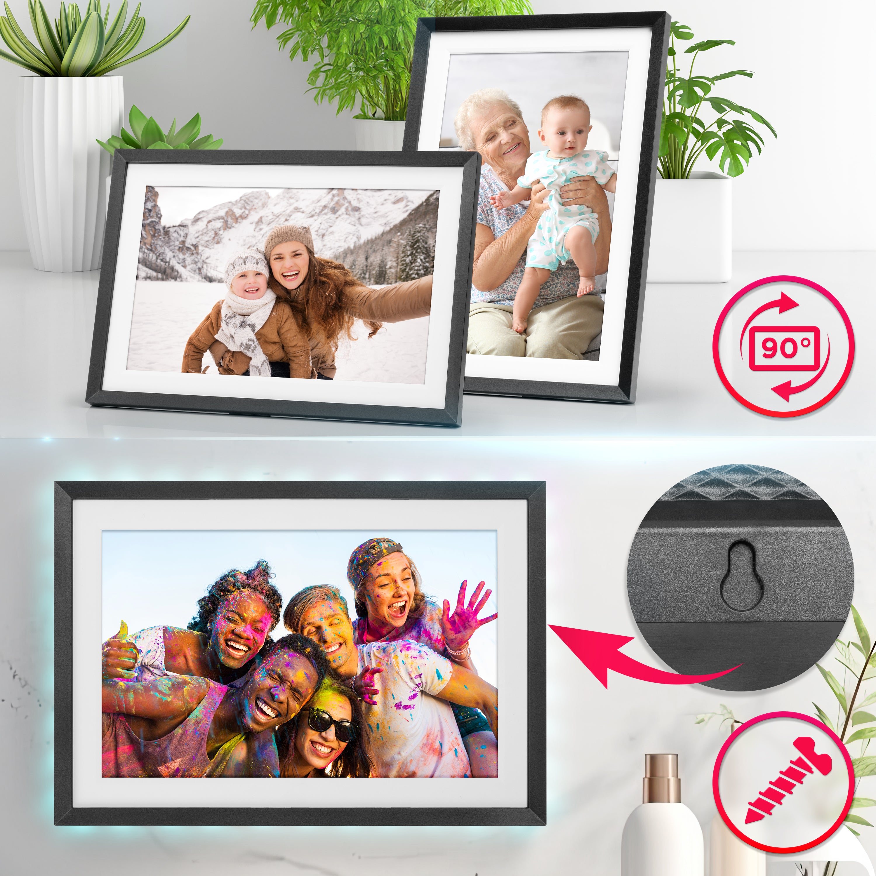 Zoomgoods Digital Photo Frame that can be displayed in portrait or landscape orientation on a tabletop or mounted to a wall using the included hardware.