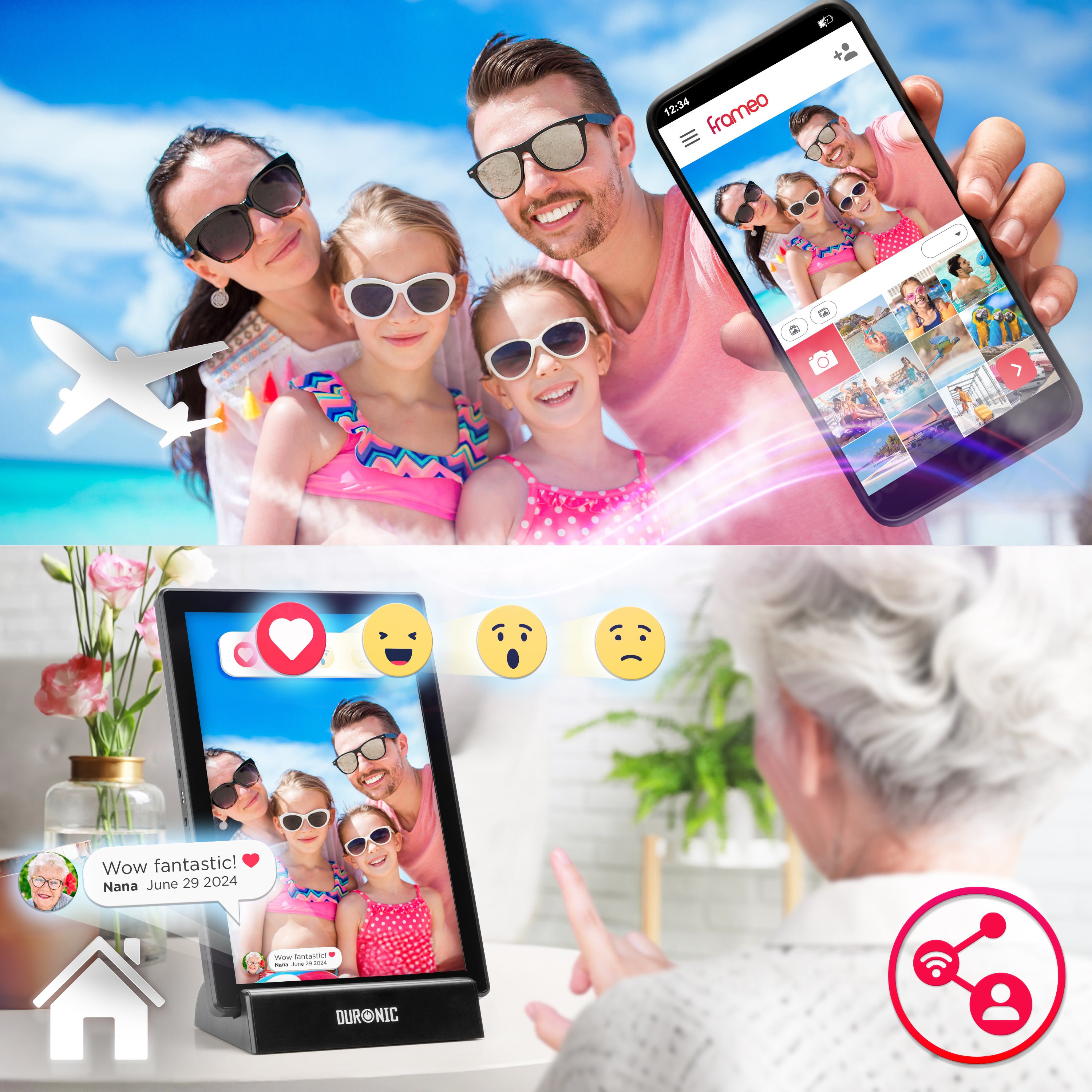 Zoomgoods Digital Photo Frame uses the Frameo app on a smartphone to instantly share photos