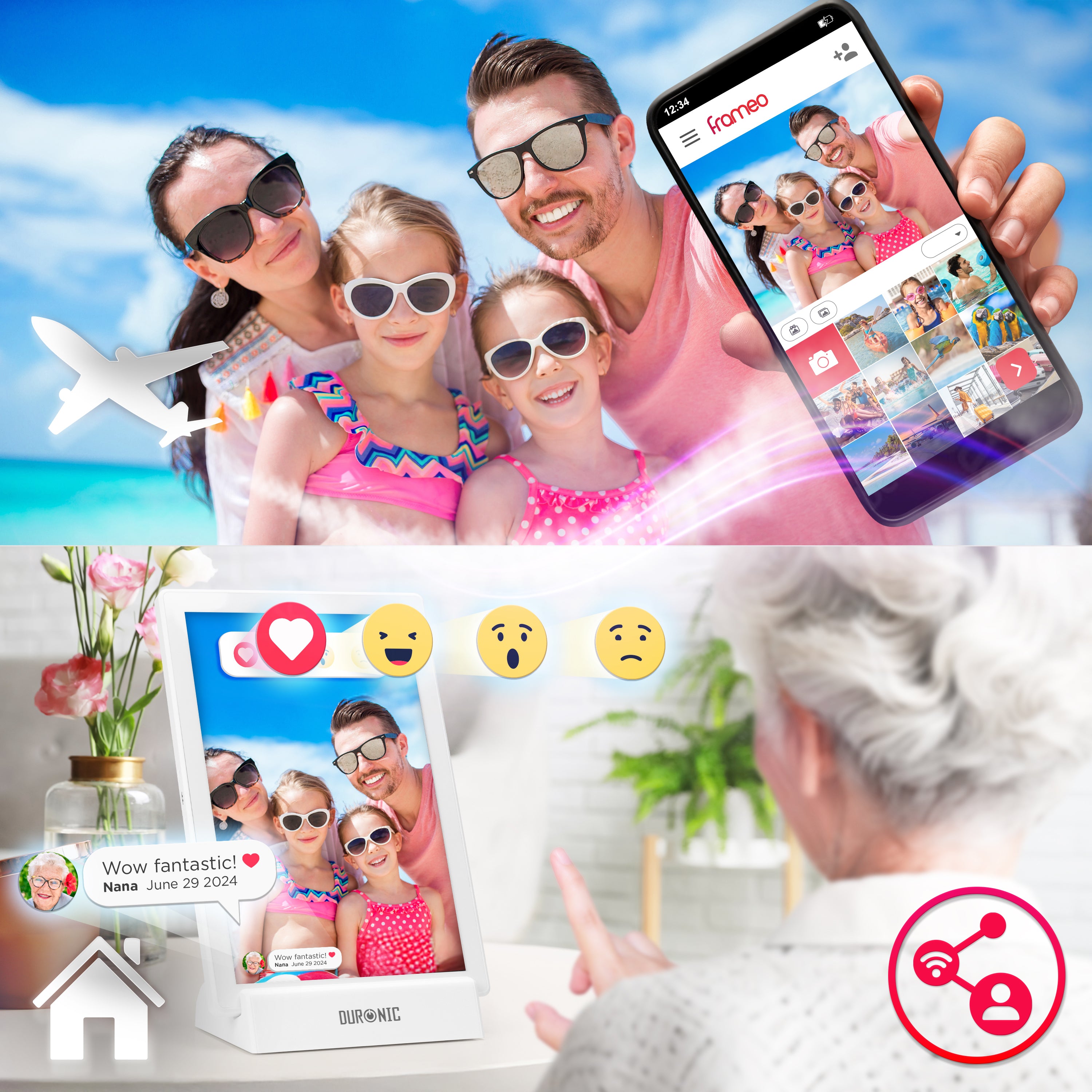 Zoomgoods Digital Photo Frame uses the Frameo app on a smartphone to instantly share vacation photos