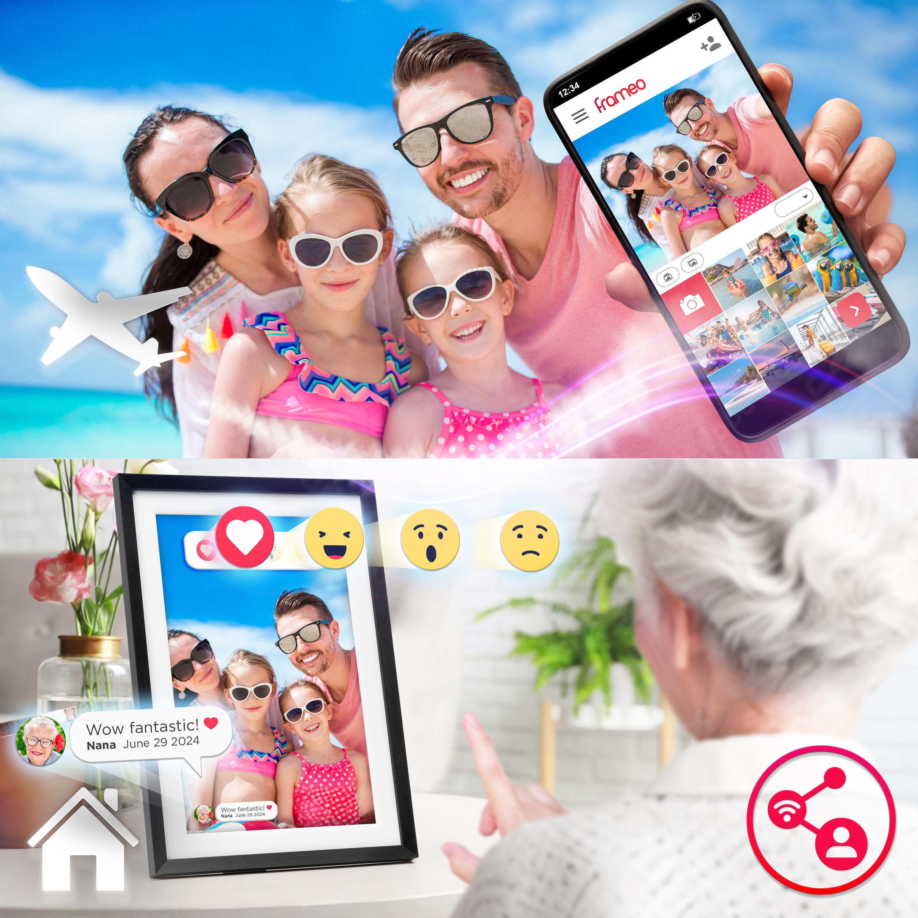 Zoomgoods Digital Photo Frame uses the Frameo app to instantly share photos and emoji reactions from their smartphone to a Wi-Fi-enabled digital photo frame at home.