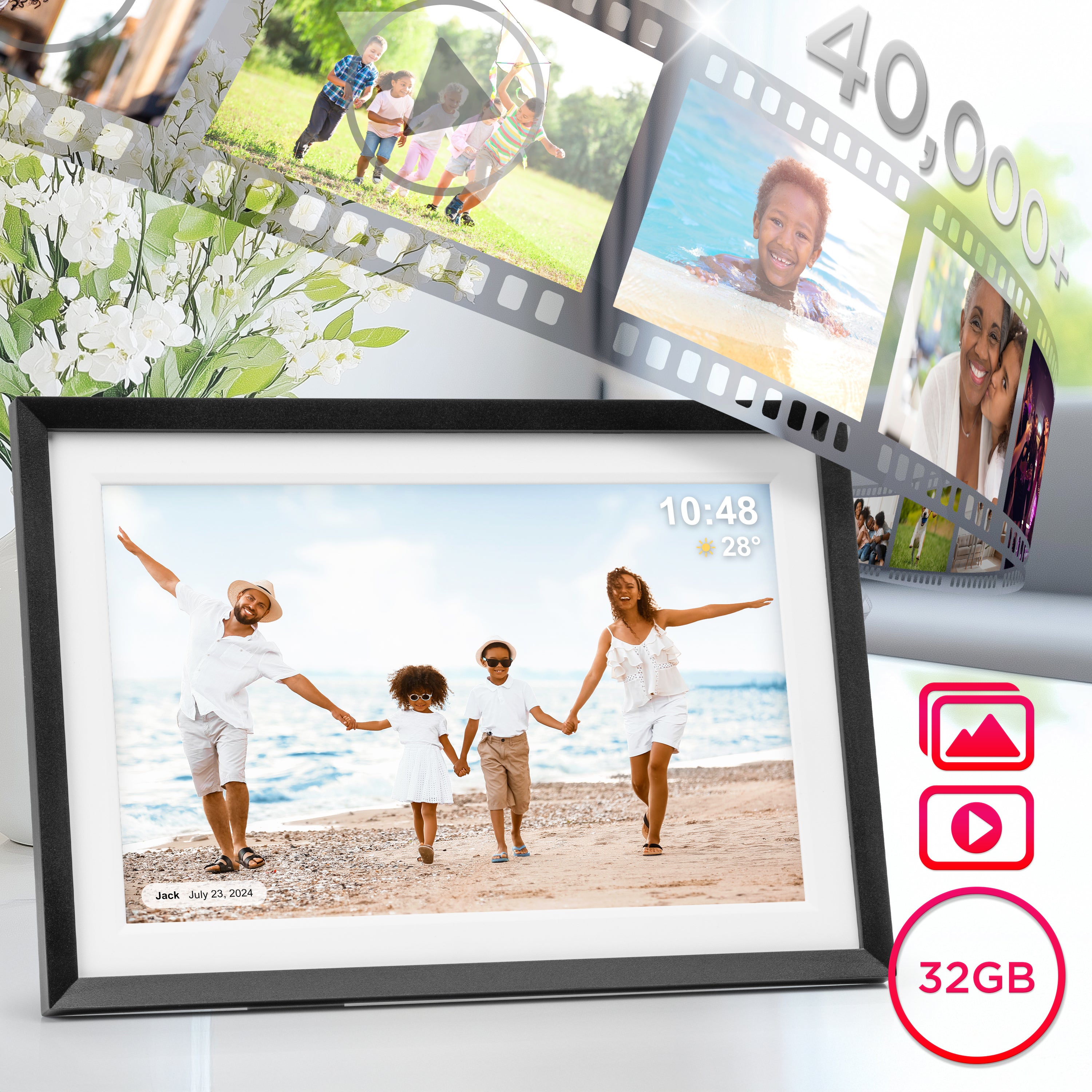 Zoomgoods Digital Photo Frame with 32GB storage, featuring a high-resolution display showing a family on a beach with a film-strip graphic illustrating its 40,000+ photo and video capacity.