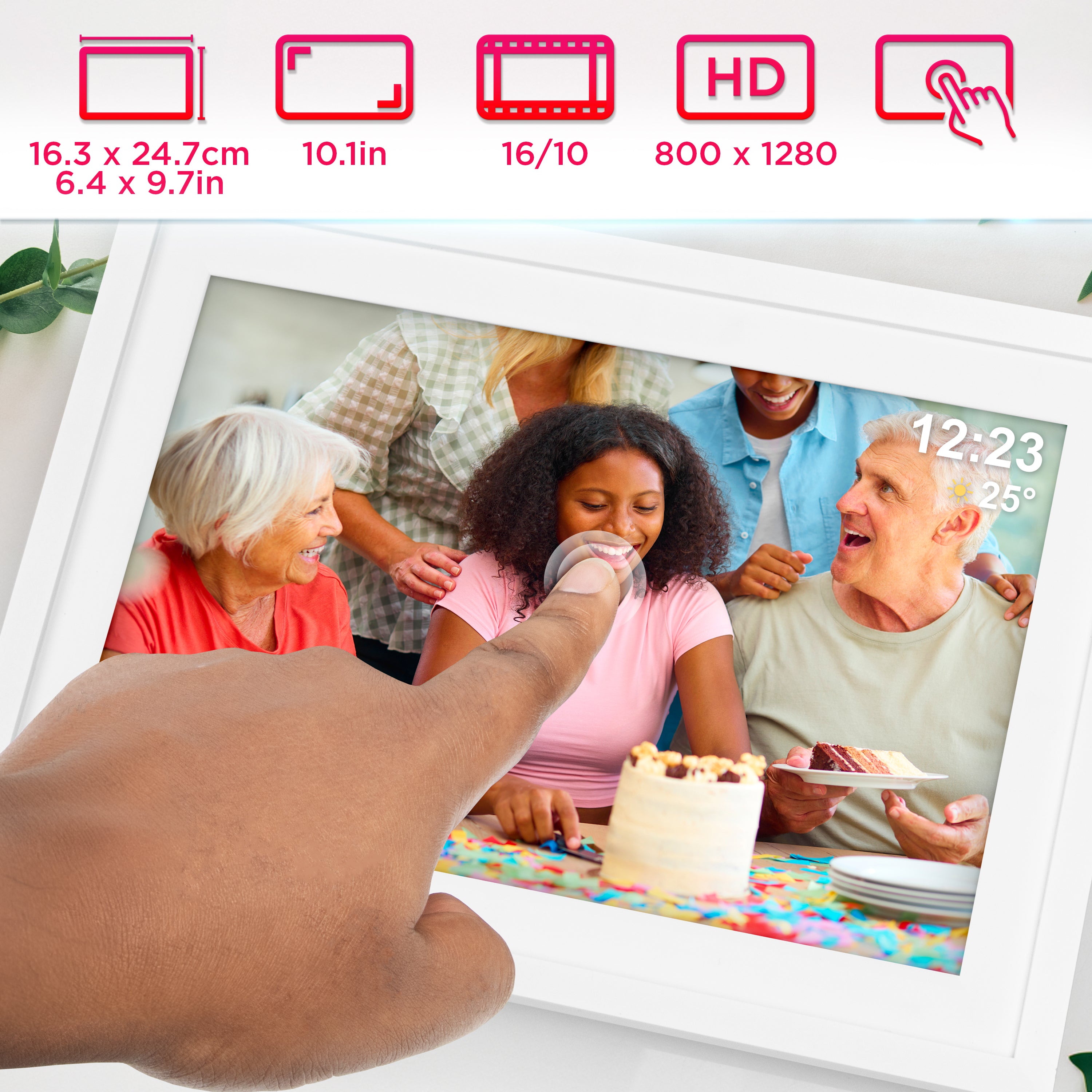 Zoomgoods Digital Photo Frame with touchscreen display, 800 x 1280 HD resolution, and a 16:10 aspect ratio for viewing family photos.