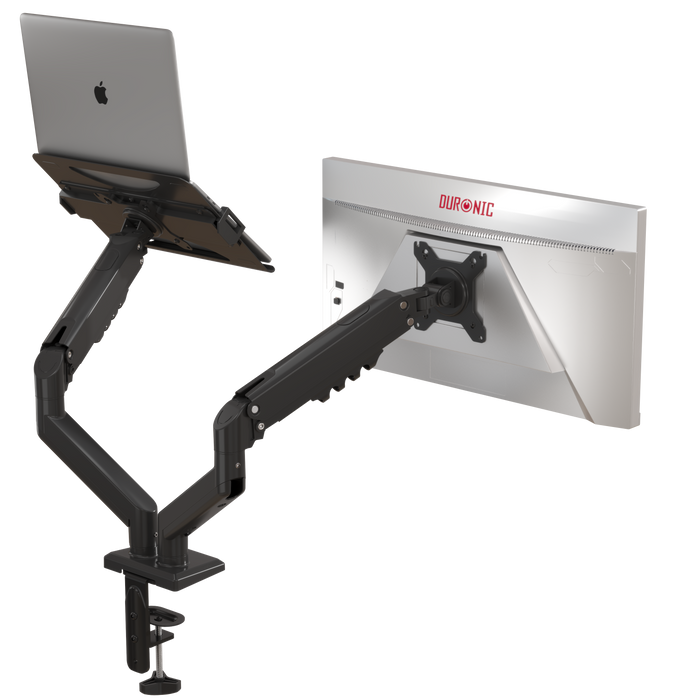 Zoomgoods Dual Monitor Stand desk mount featuring a height-adjustable laptop tray and a mounted computer monitor