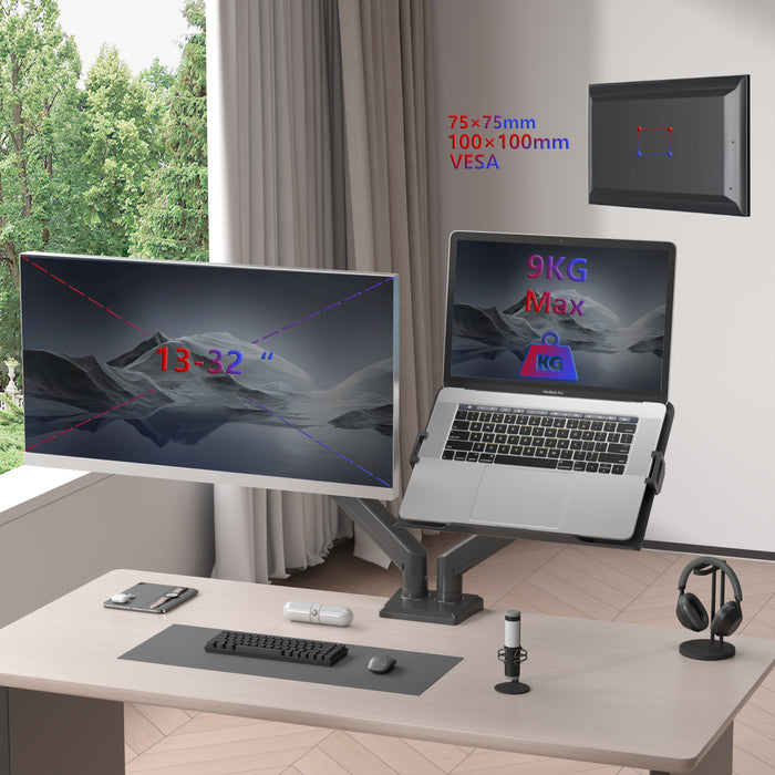 Zoomgoods Dual Monitor Stand desk mount holding a 13–32 inch monitor and a laptop weighing up to 9kg
