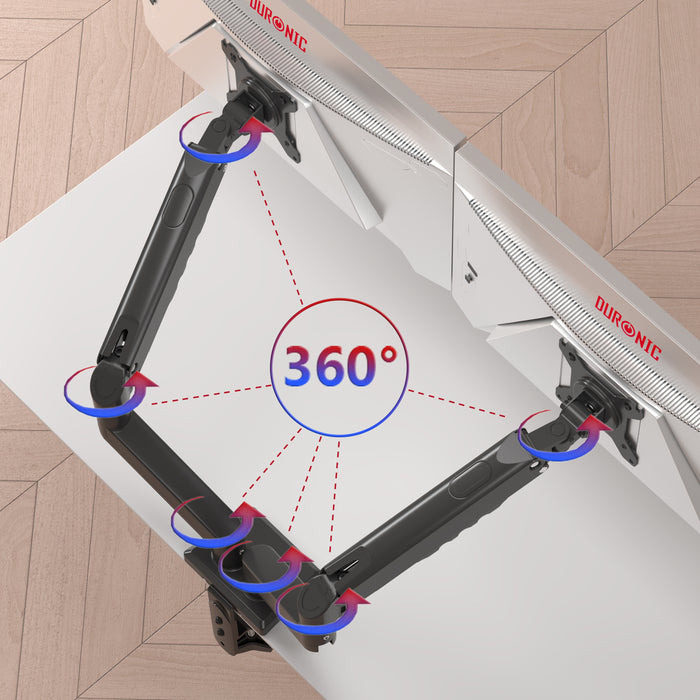 Zoomgoods Dual Monitor Stand showing 360-degree rotation capabilities at every joint