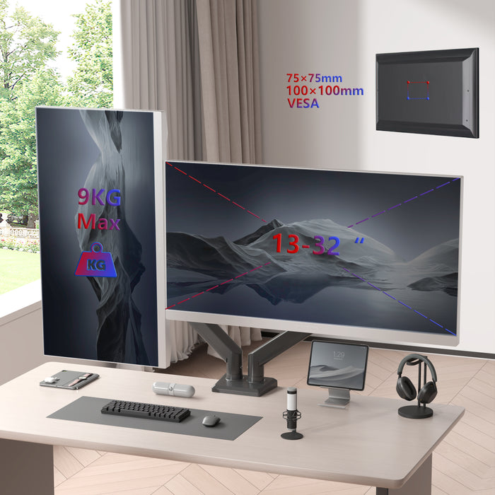 Zoomgoods Dual Monitor Stand supporting two 13-32 inch screens up to 9kg each, with $37.5 \times 75$mm and $50 \times 100$mm VESA compatibility.