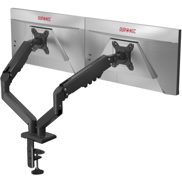 Zoomgoods Dual Monitor Stand with a desk clamp, shown supporting two silver widescreen monitors.