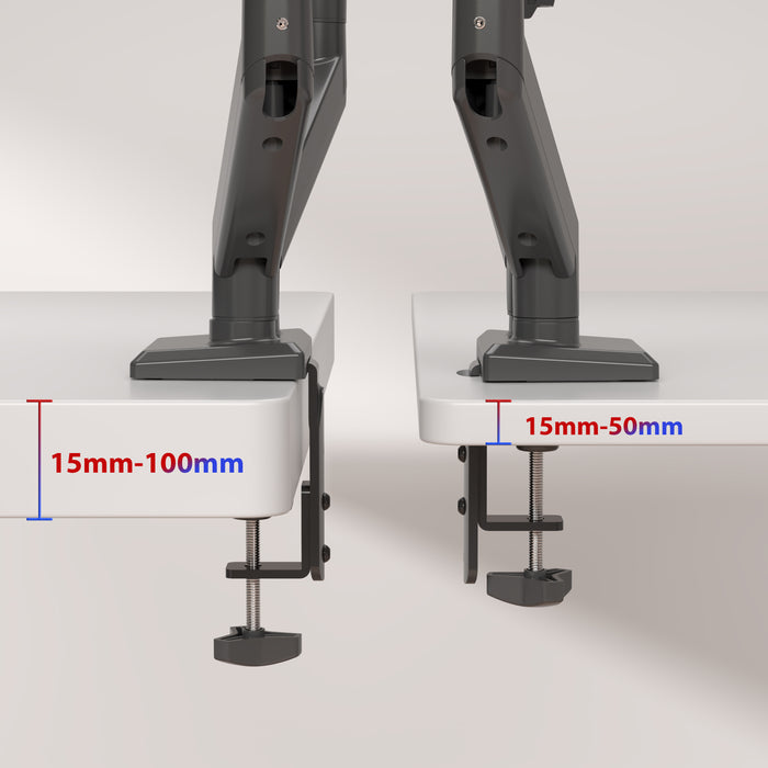 Zoomgoods Dual Monitor Stand with adjustable desk clamp for a monitor arm, illustrating its compatibility with desk thicknesses