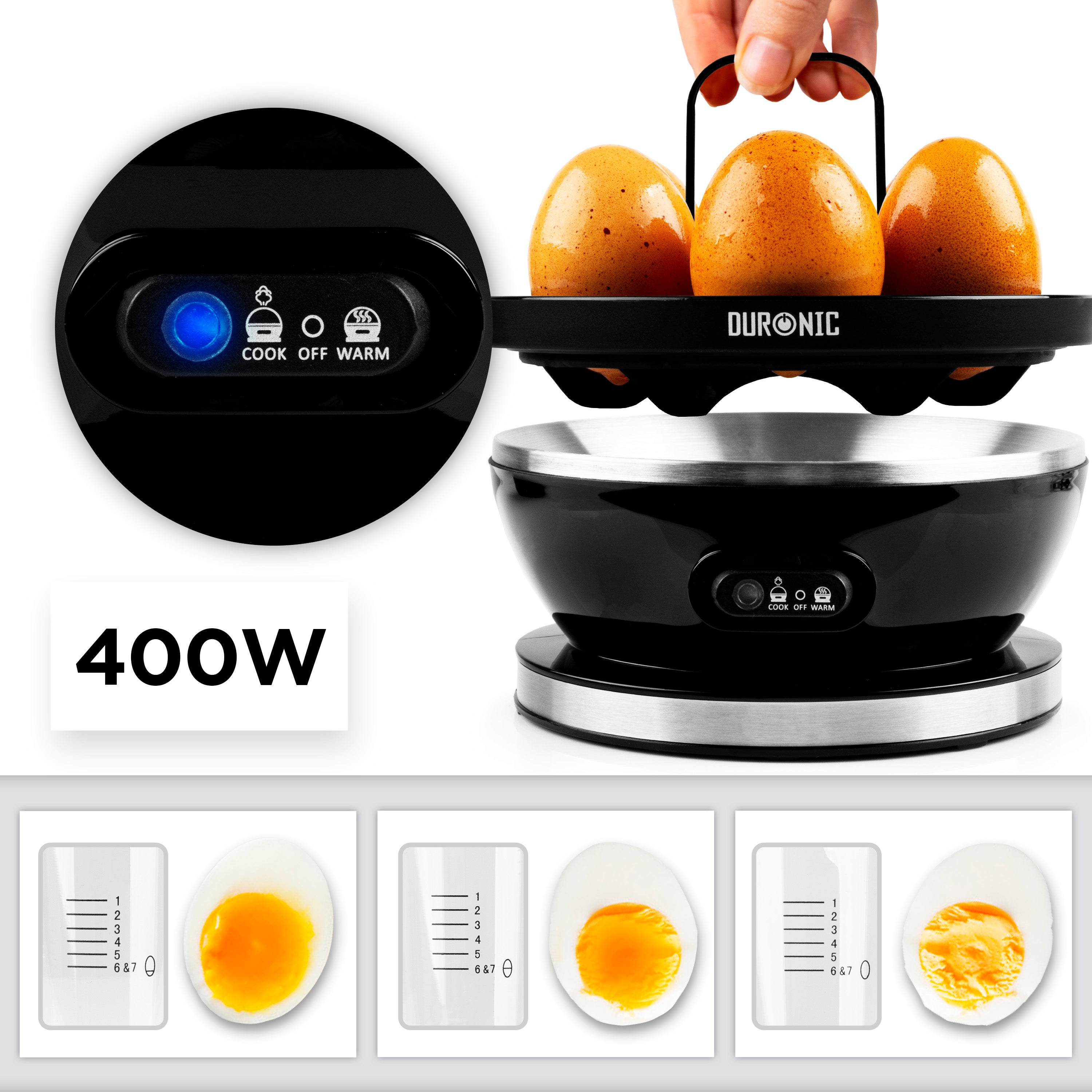 Zoomgoods EB27 BK electric egg boiler with 400W wattage and how to cook soft, medium and hard-boiled eggs