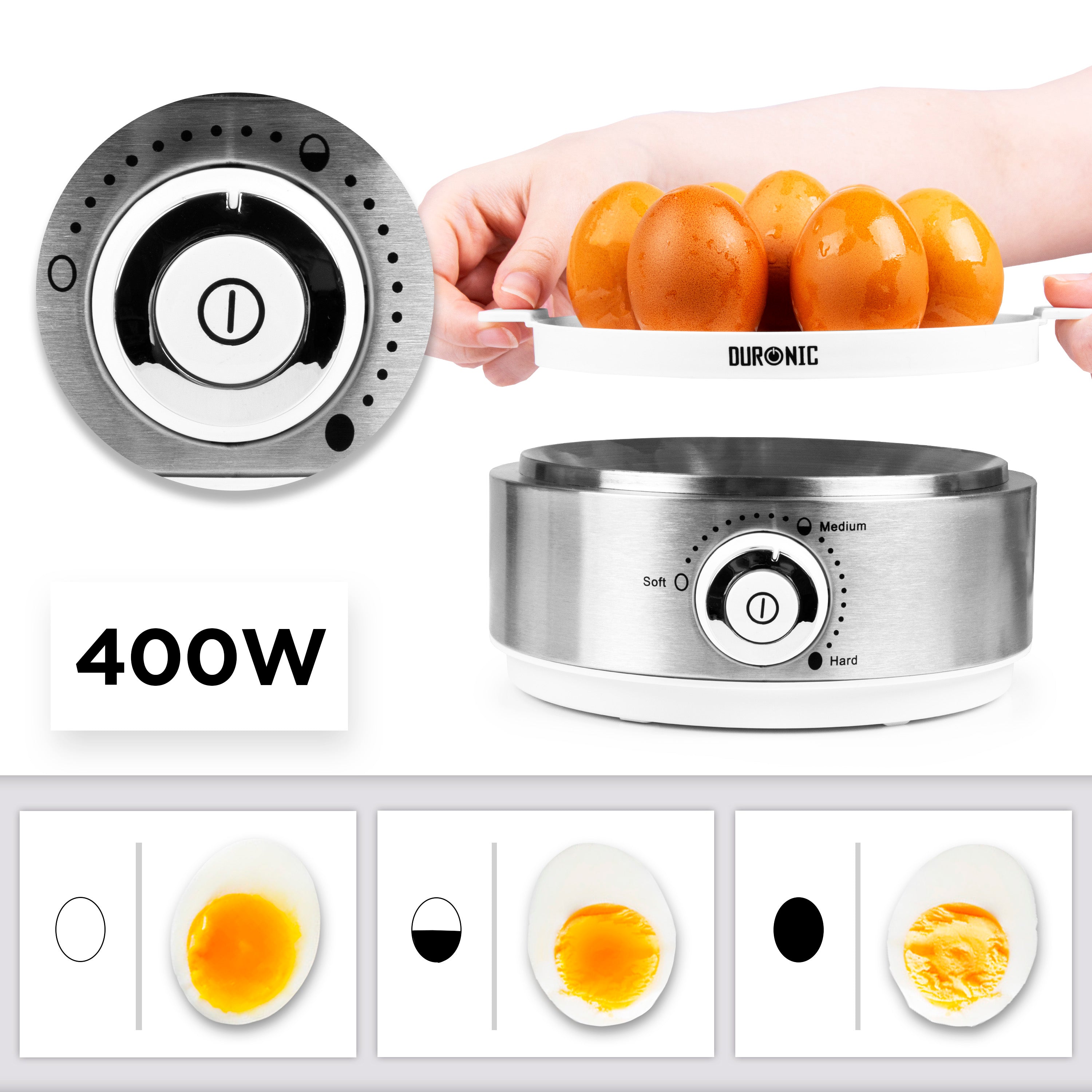 Zoomgoods EB40 WE electric egg boiler wattage 400W to cook 7 eggs soft, medium, or hard boiled