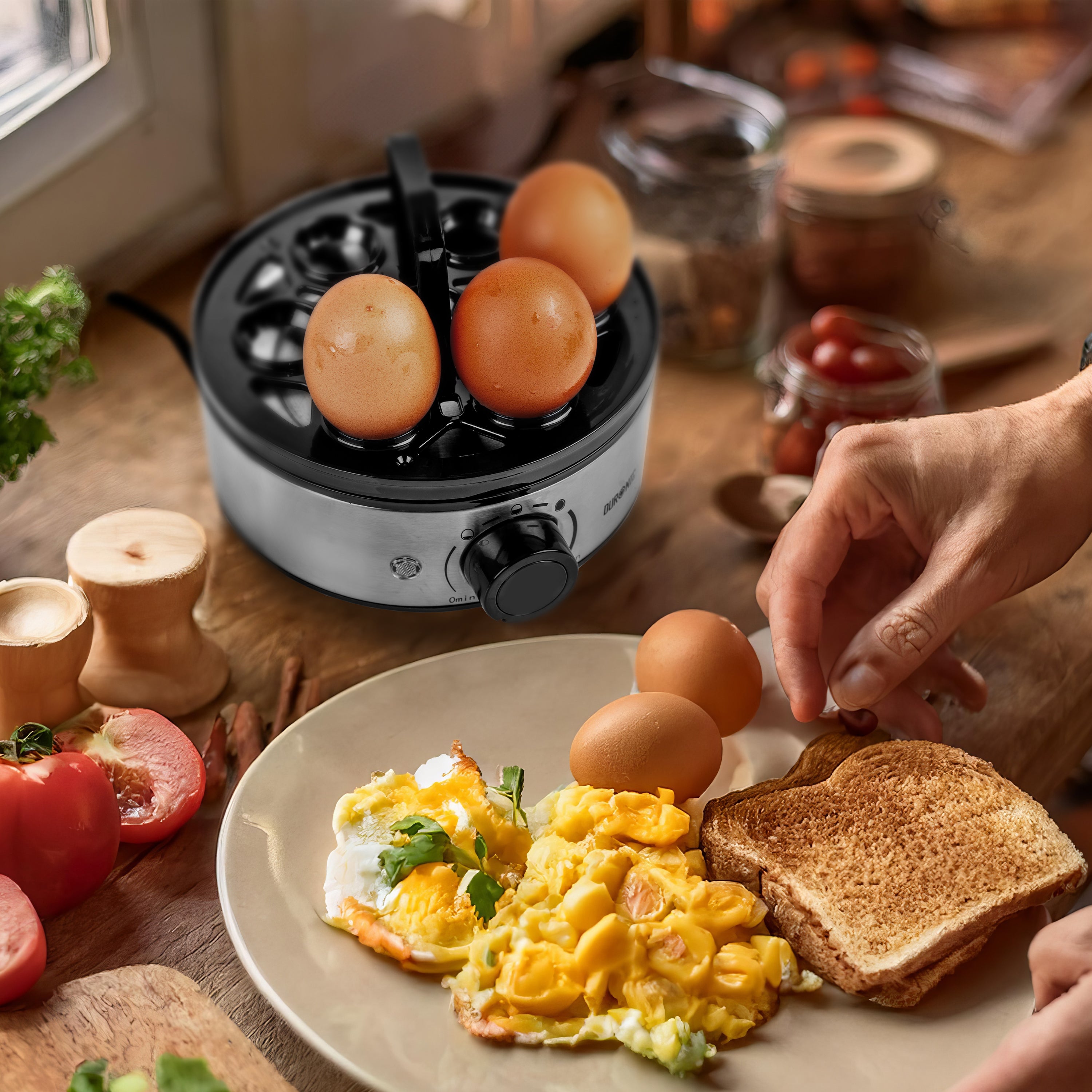 Zoomgoods EB50 egg poacher omelette cooker for scrambled egg meals with toast and tomatoes