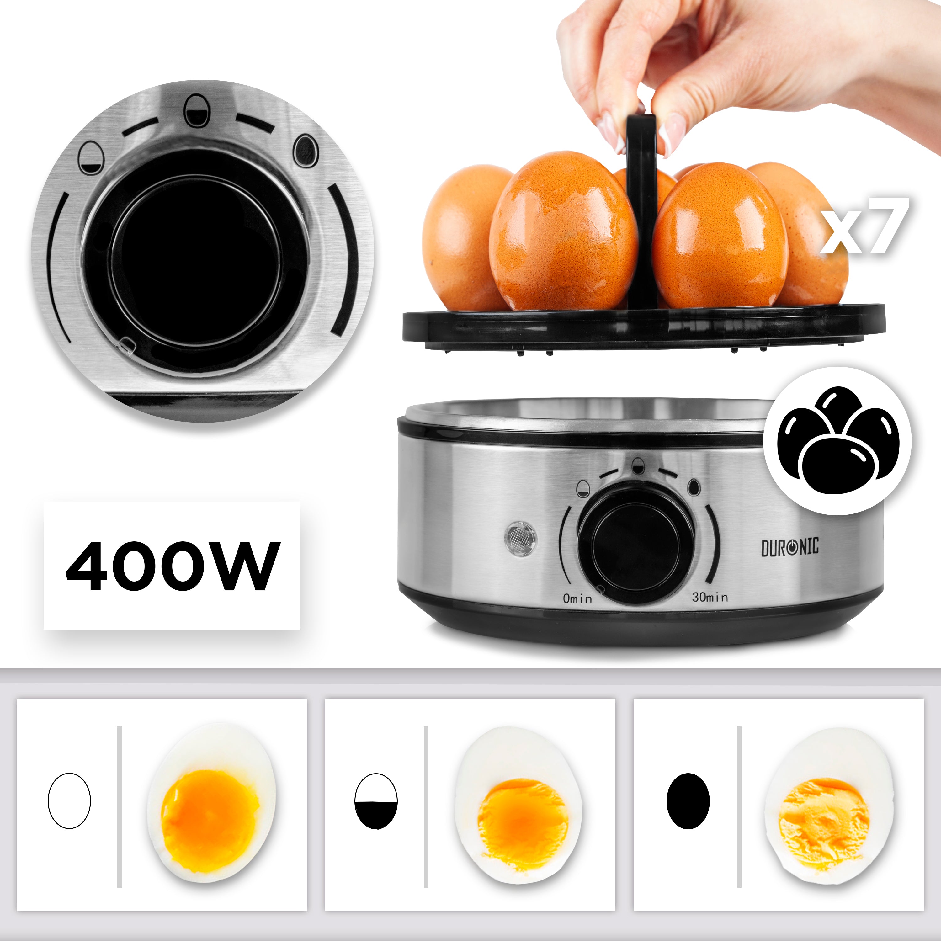 Zoomgoods EB50 electric egg boiler wattage 400W to cook 7 eggs in one go soft, medium, hard boiled eggs