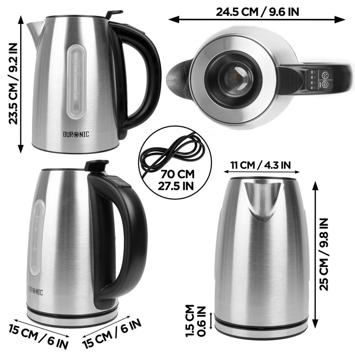 Zoomgoods EK43 stainless steel electric kettle dimensions of height, length, width with UK plug