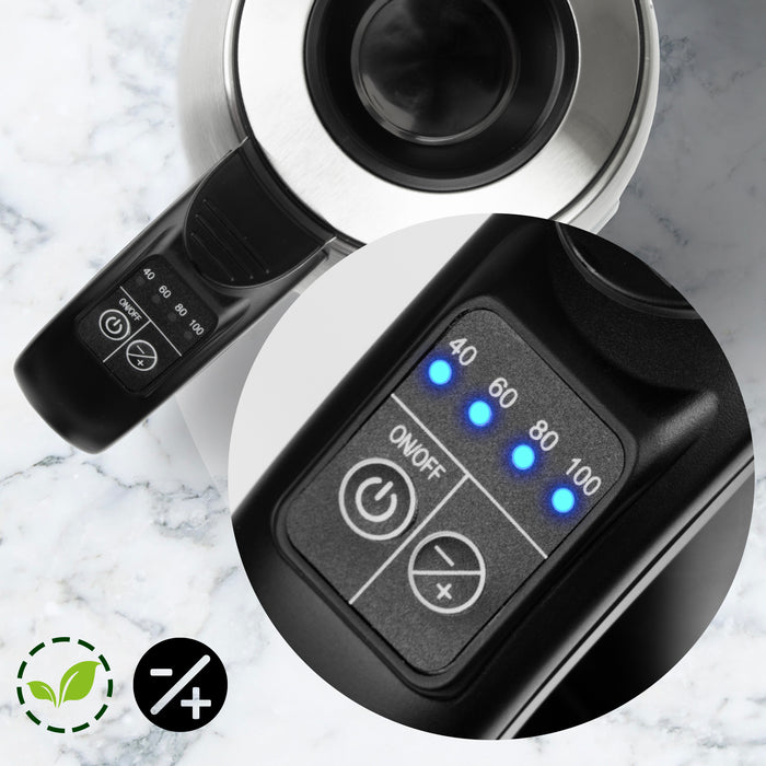 Zoomgoods EK43 stainless steel fast boil kettle showcasing a closeup of the buttons to switch between temperature levels