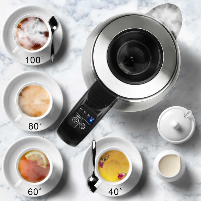 Zoomgoods EK43 temperature control kettle with various temperatures for different beverages, such as tea, coffee, hot chocolate and more