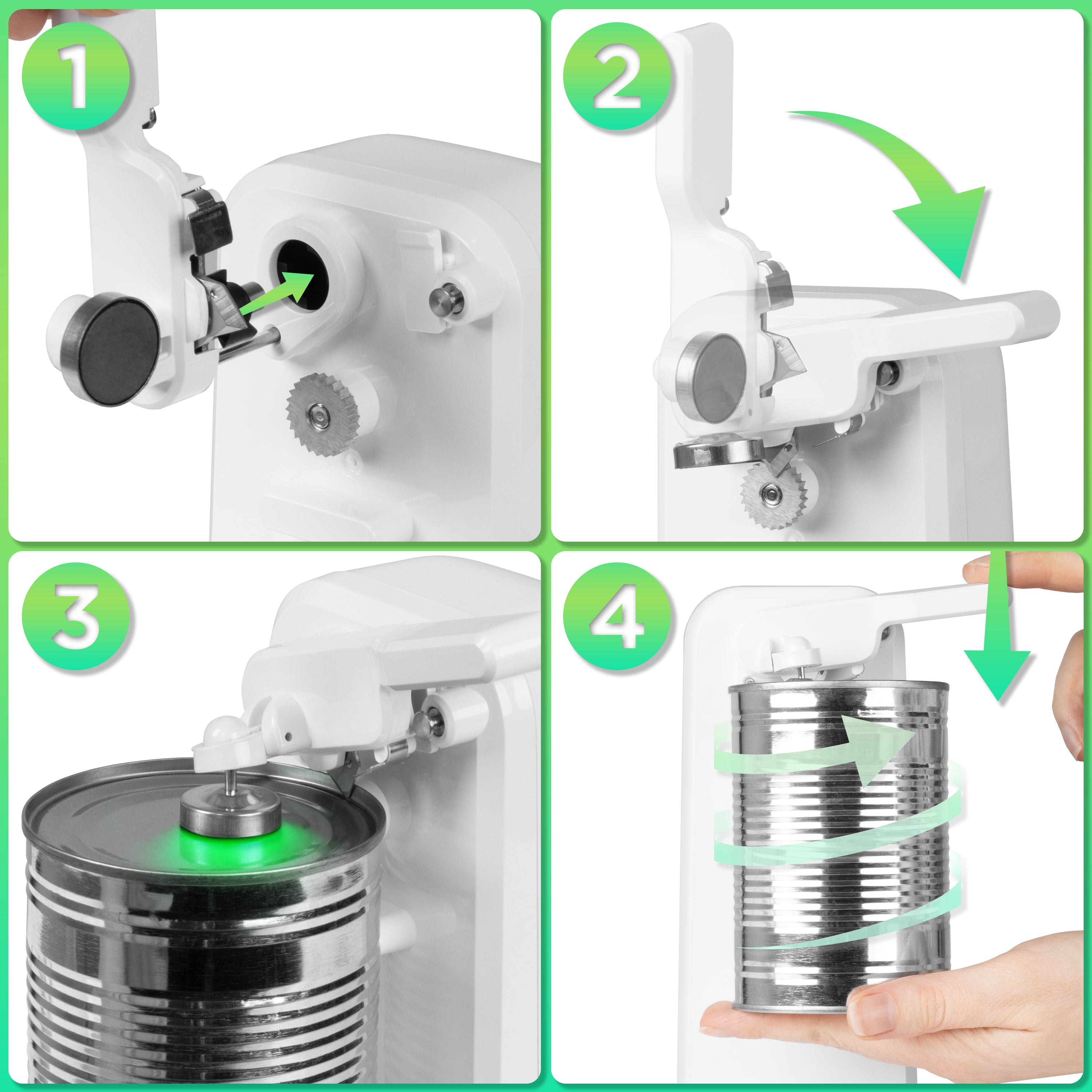Zoomgoods Electric Can Opener showing the step step instruction on how to use the CO40 