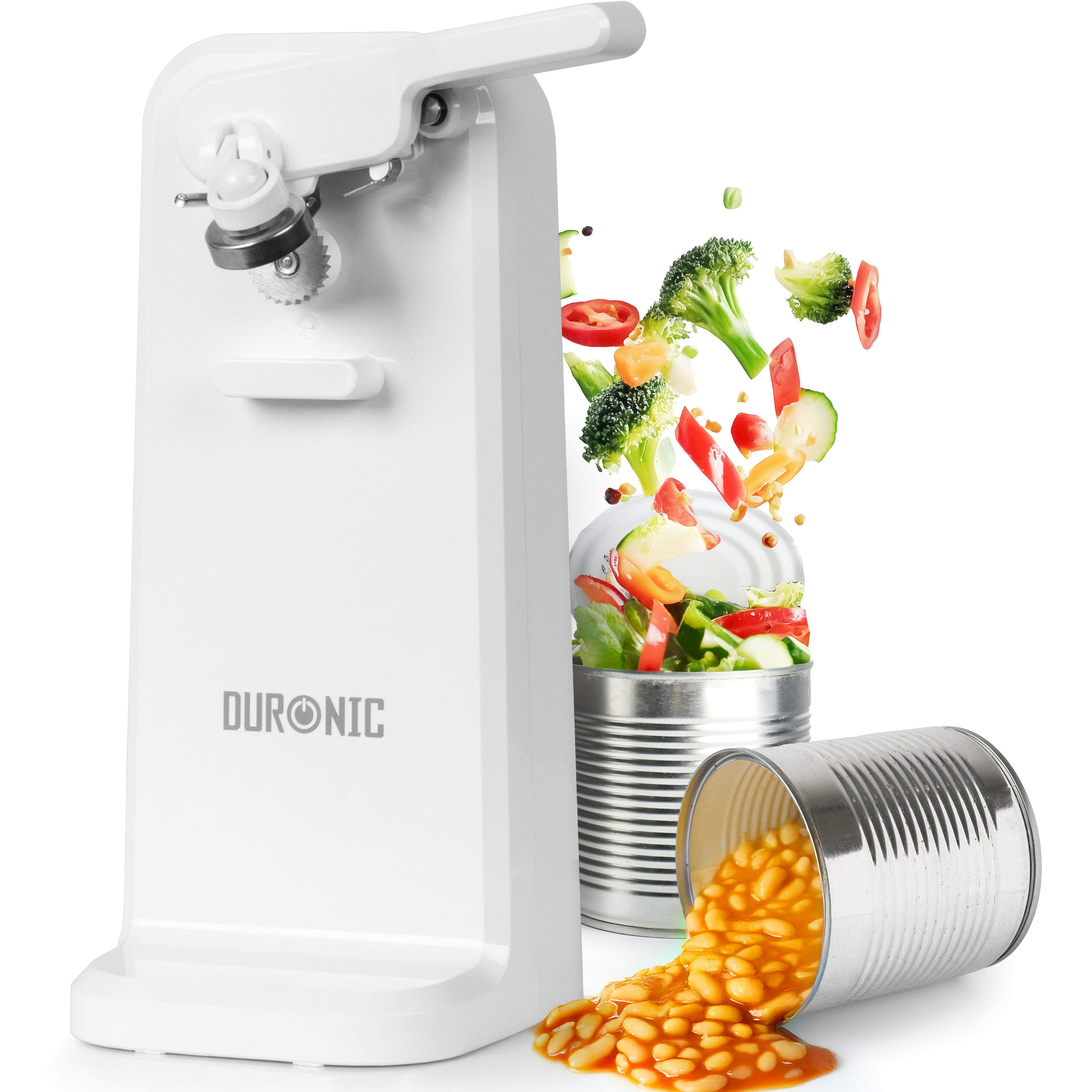 Zoomgoods Electric Can Opener, with can of vegetable and pork and beans