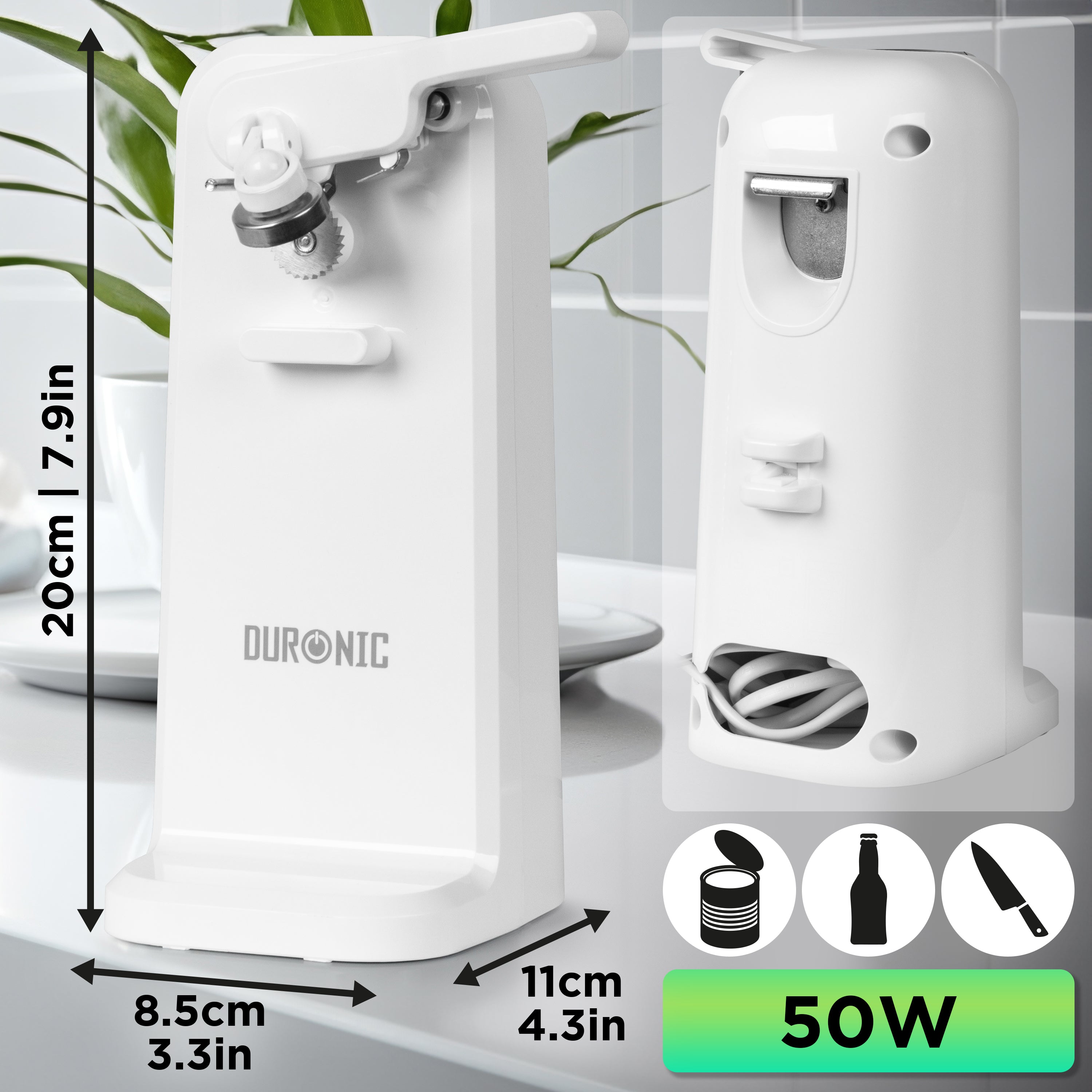 Zoomgoods Electric Can Opener with dimension, power rating, can opener and knife sharpener