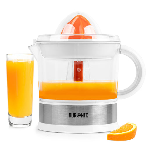 Zoomgoods Electric Citrus Juicer with a glass of orange juice on the side