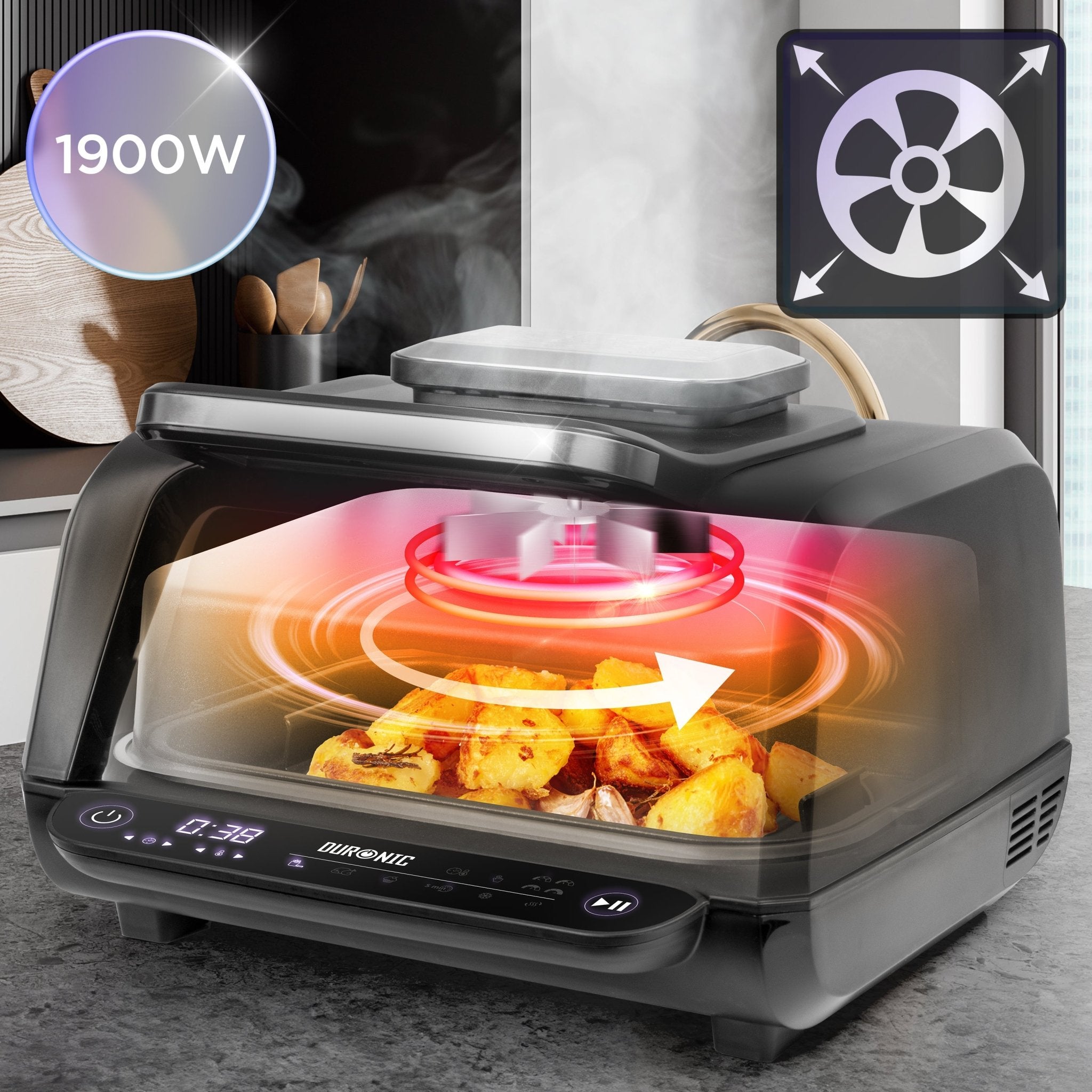 Zoomgoods FG19 electric air fryer 1900W wattage with consistent air flow using the heating coils to ensure food is cooked evenly