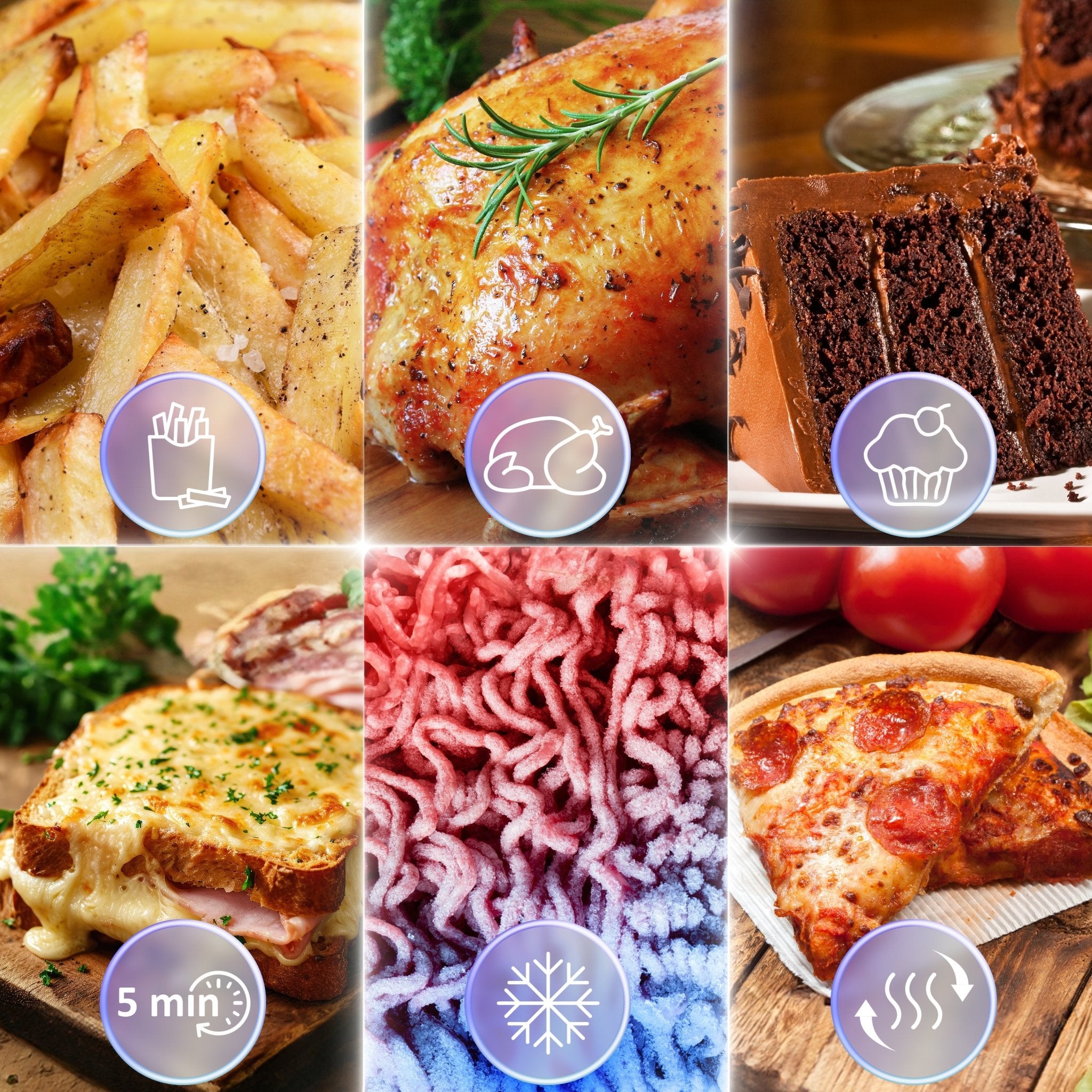 Zoomgoods FG19 electric air fryer grill with fries, chicken, baking, 5 minute, defrost, reheat settings