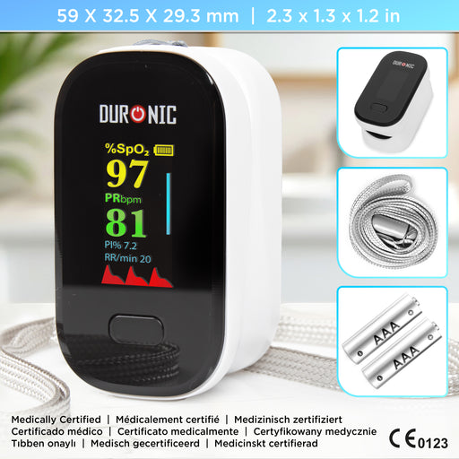 Zoomgoods Finger Pulse Oximeter with product dimension and inclusion.