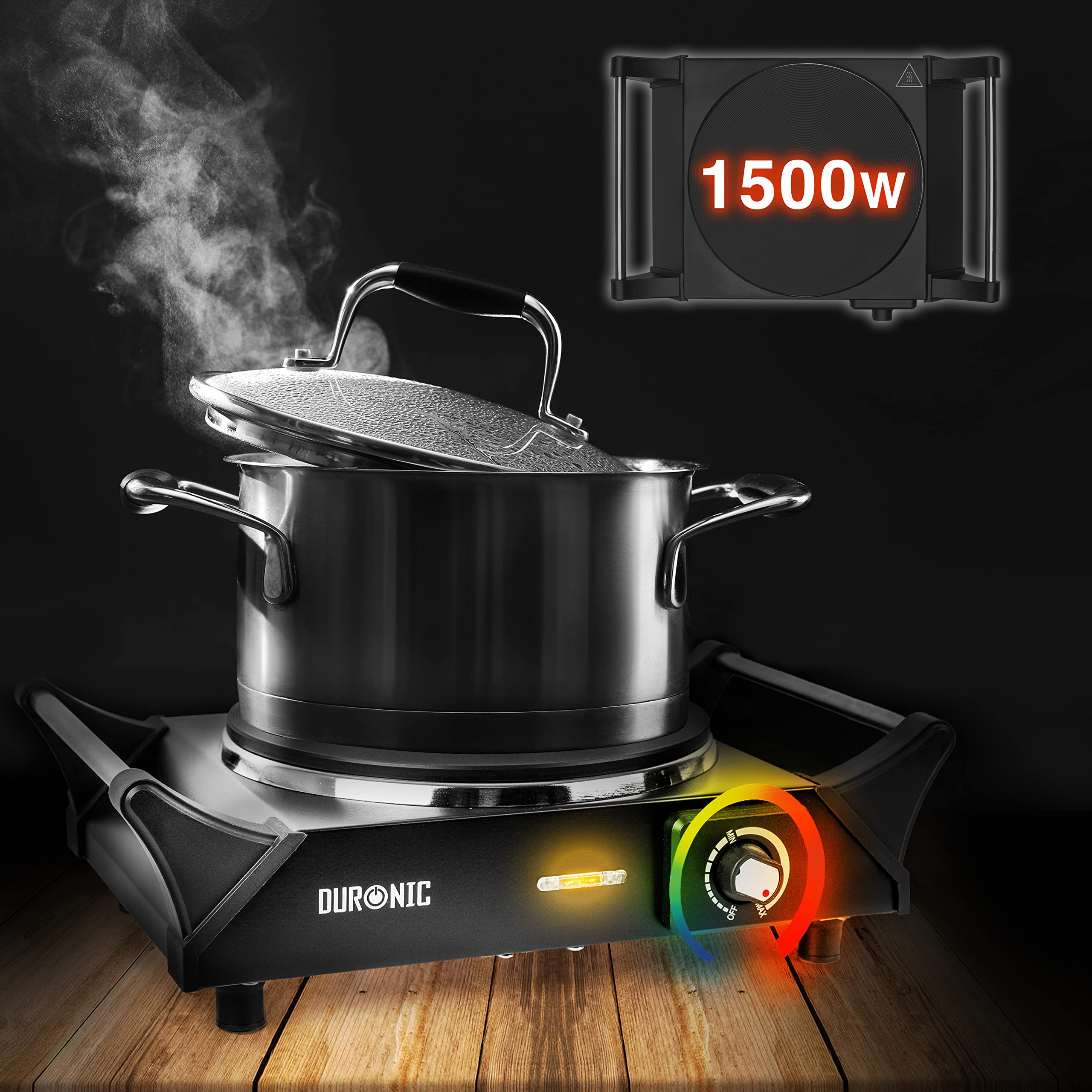 Zoomgoods HP1 BK electric hot plate wattage 1500W heating boiling pot on single hob with temperature dial