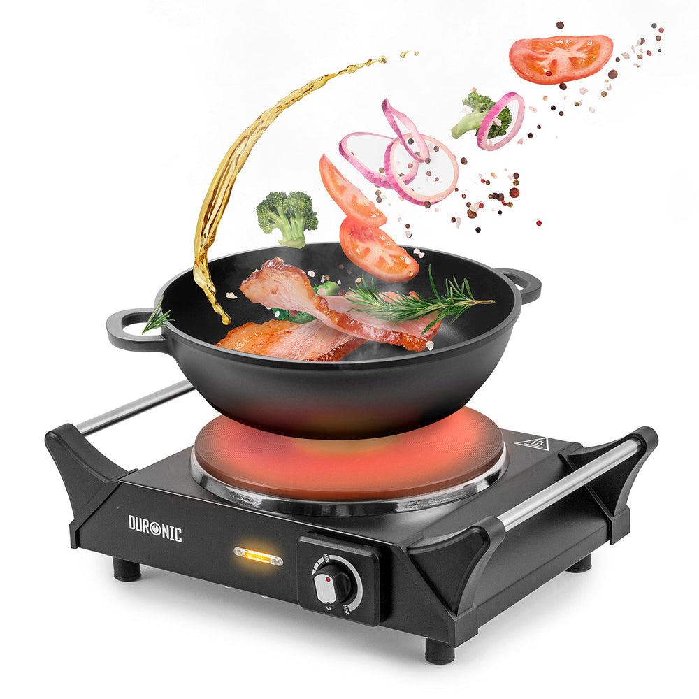 Zoomgoods HP1 BK portable hot plate cooking meat, vegetables, spices on a pan for home, kitchen, camping, cooking