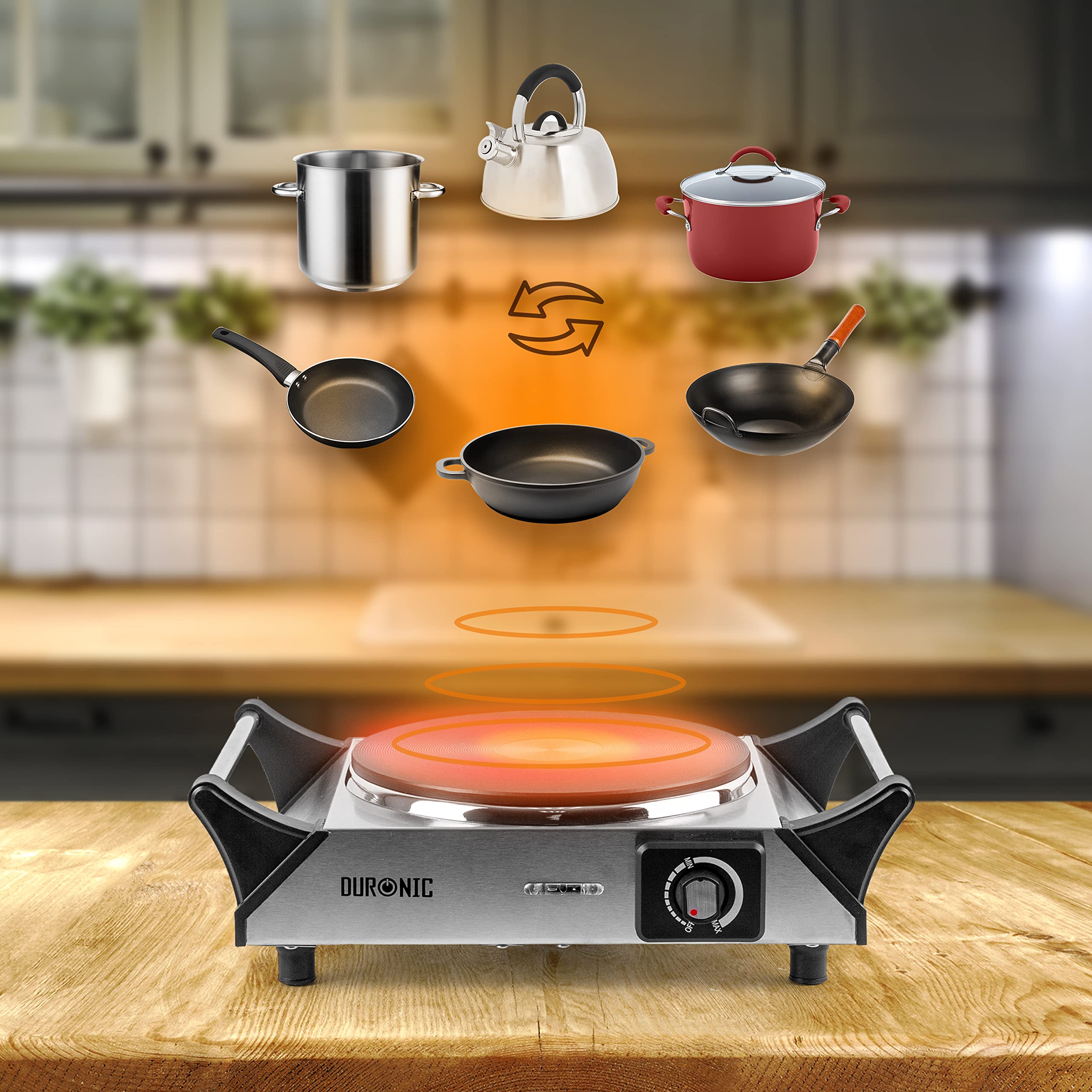 Zoomgoods HP1 SS portable electric hob compatible with pots, pans, woks, kettles, bowls and more