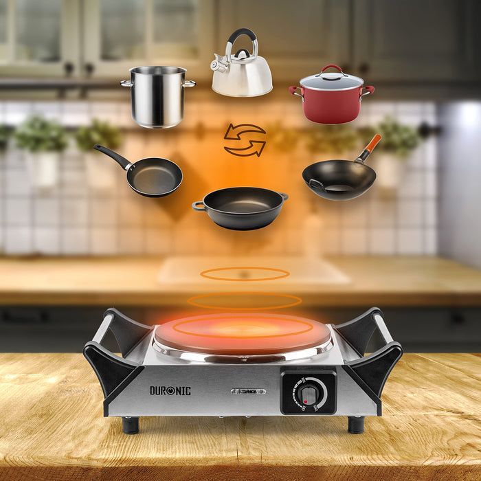 Zoomgoods HP1 SS portable electric hob compatible with pots, pans, woks, kettles, bowls and more