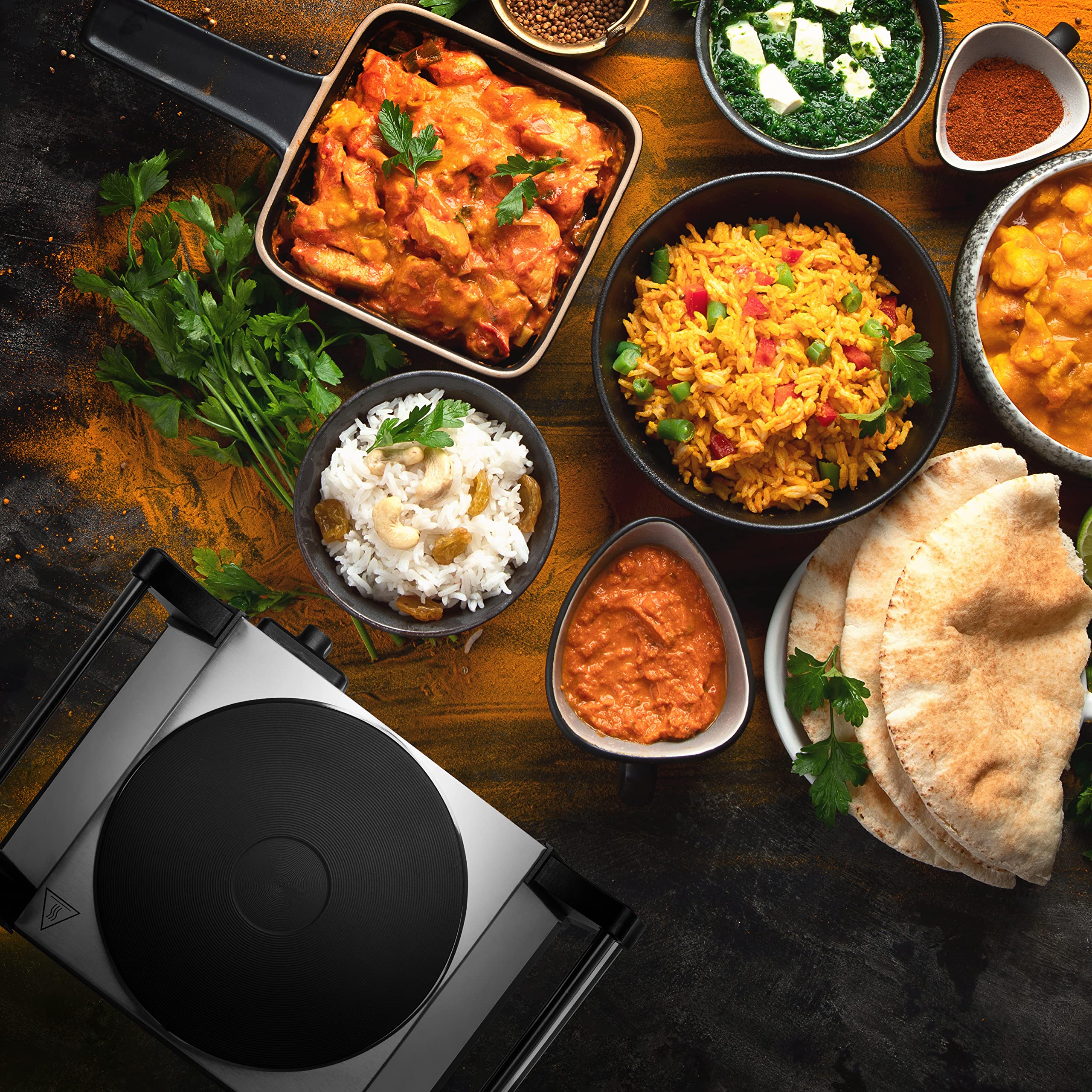 Zoomgoods HP1 SS portable electric hot plate surrounded by indian dishes like butter chicken, rice, naan, biryani